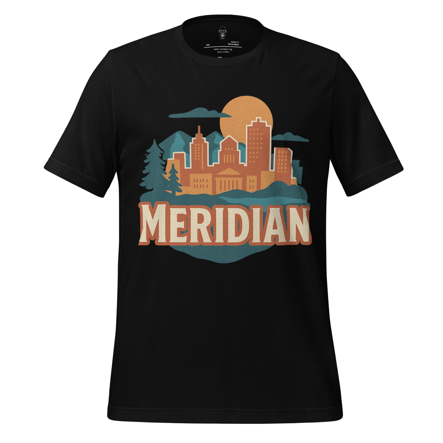 JMK Drip Meridian Graphic T-Shirt black with city skyline and nature design in warm tones