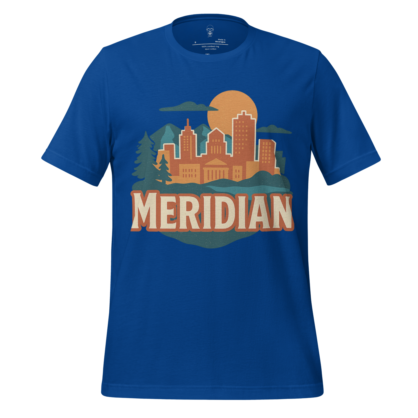 JMK Drip blue Meridian Graphic T-Shirt with city skyline and nature design