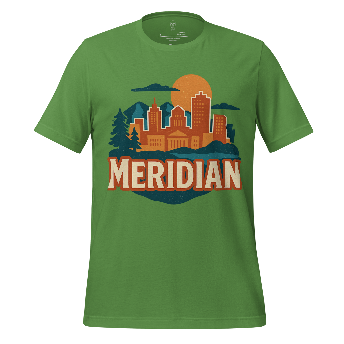 Green Meridian Graphic T-Shirt by JMK Drip featuring cityscape design with sun and trees