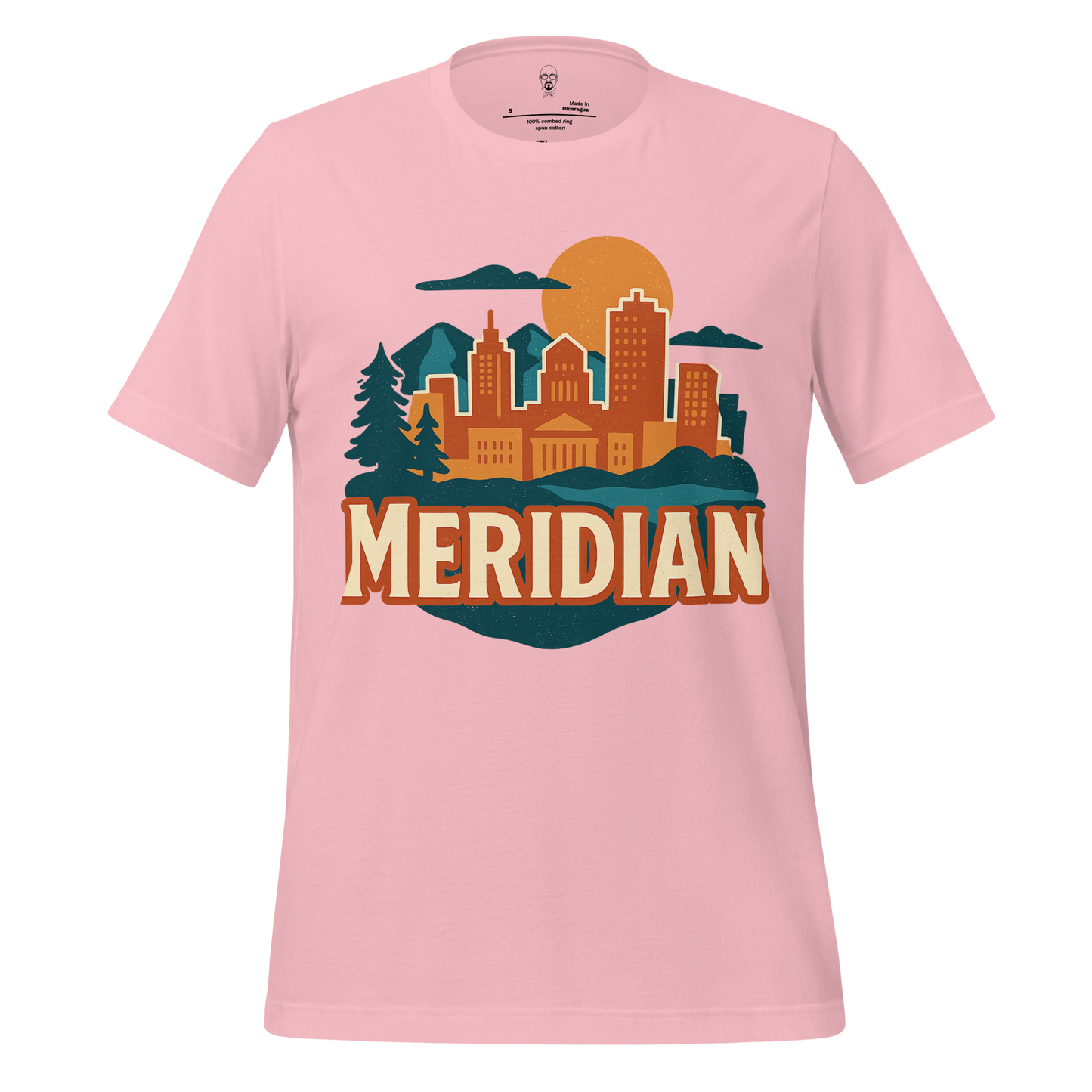 JMK Drip pink Meridian Graphic T-Shirt with city skyline and sun design on front