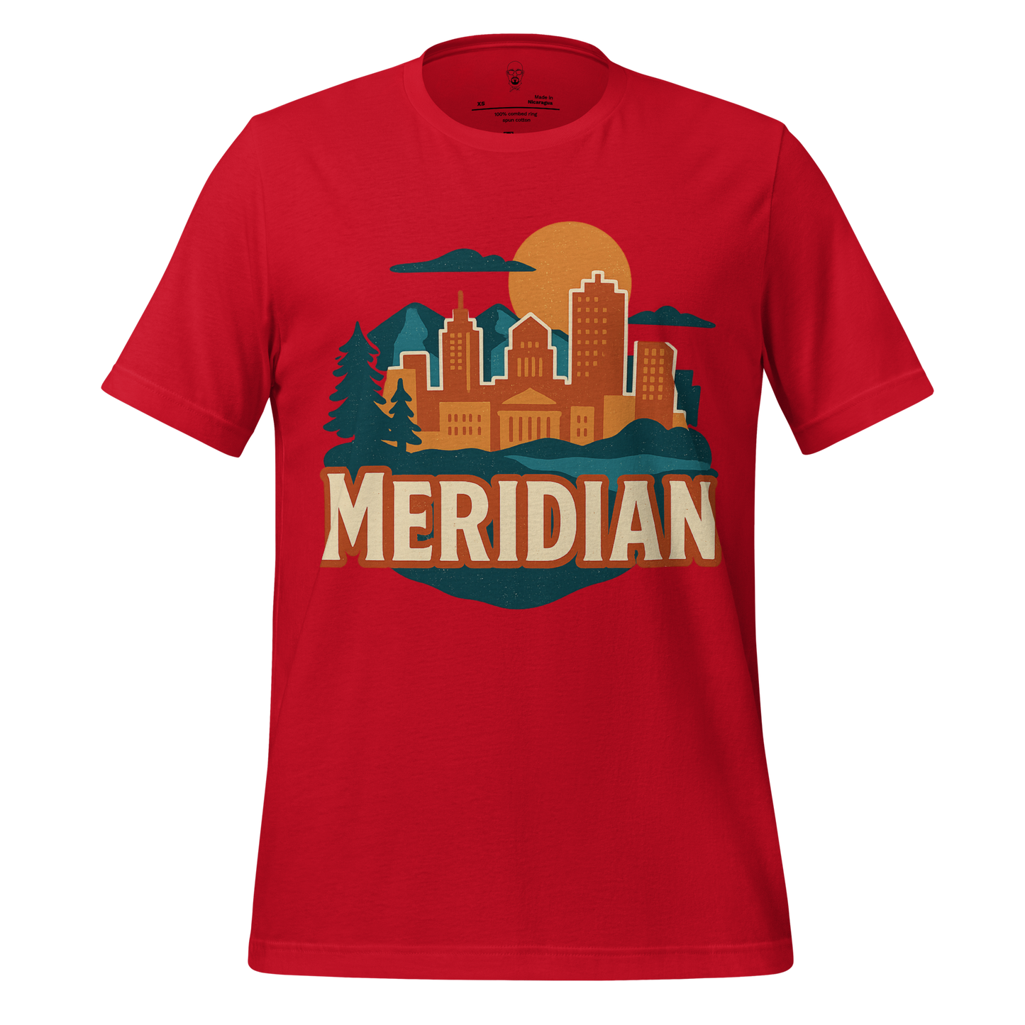 Red JMK Drip Meridian Graphic T-Shirt featuring city skyline and sunset design