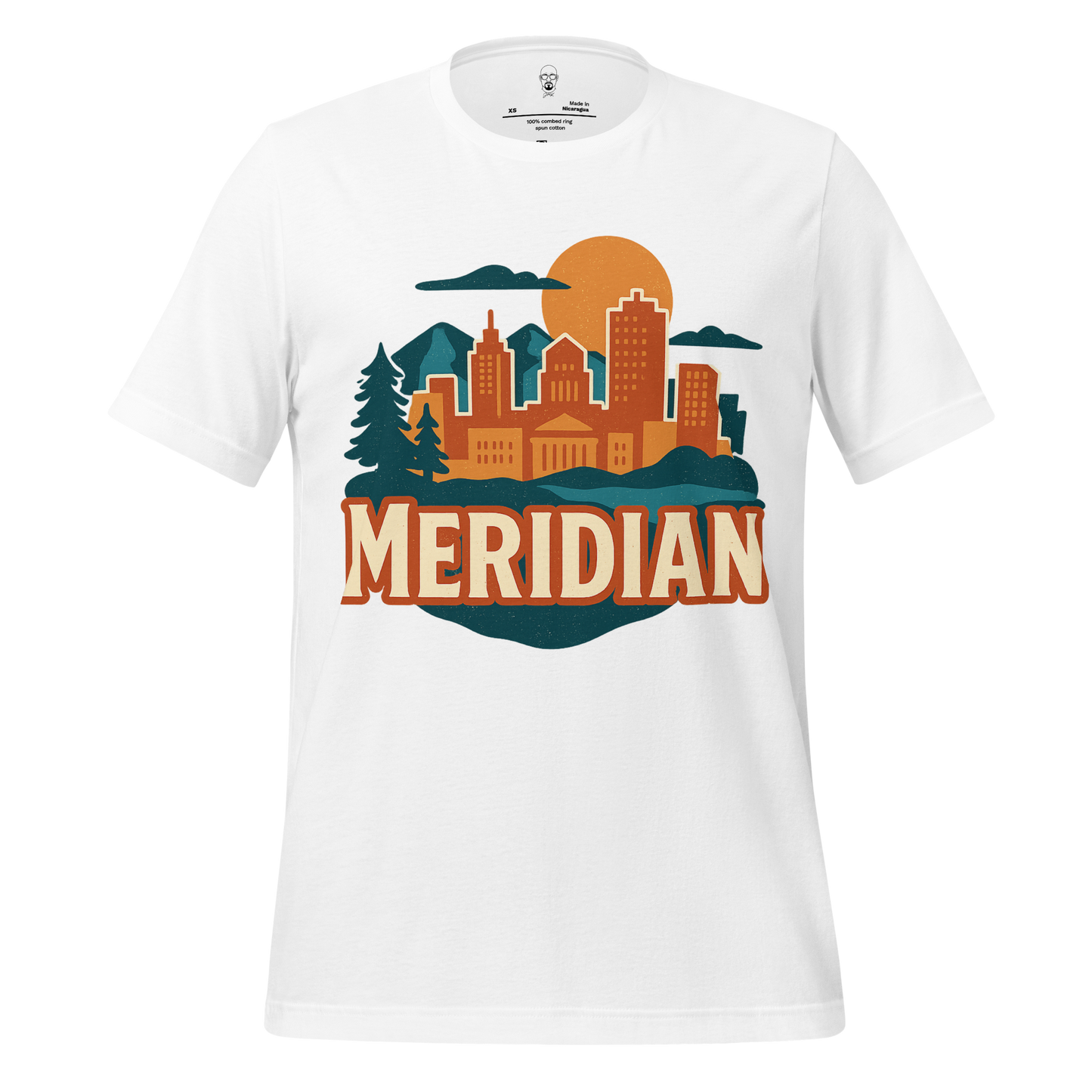 JMK Drip white Meridian Graphic T-Shirt featuring orange and green cityscape design with trees and sun