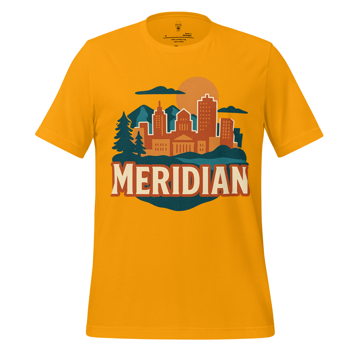 JMK Drip Meridian Graphic T-Shirt in mustard yellow with city skyline and forest illustration