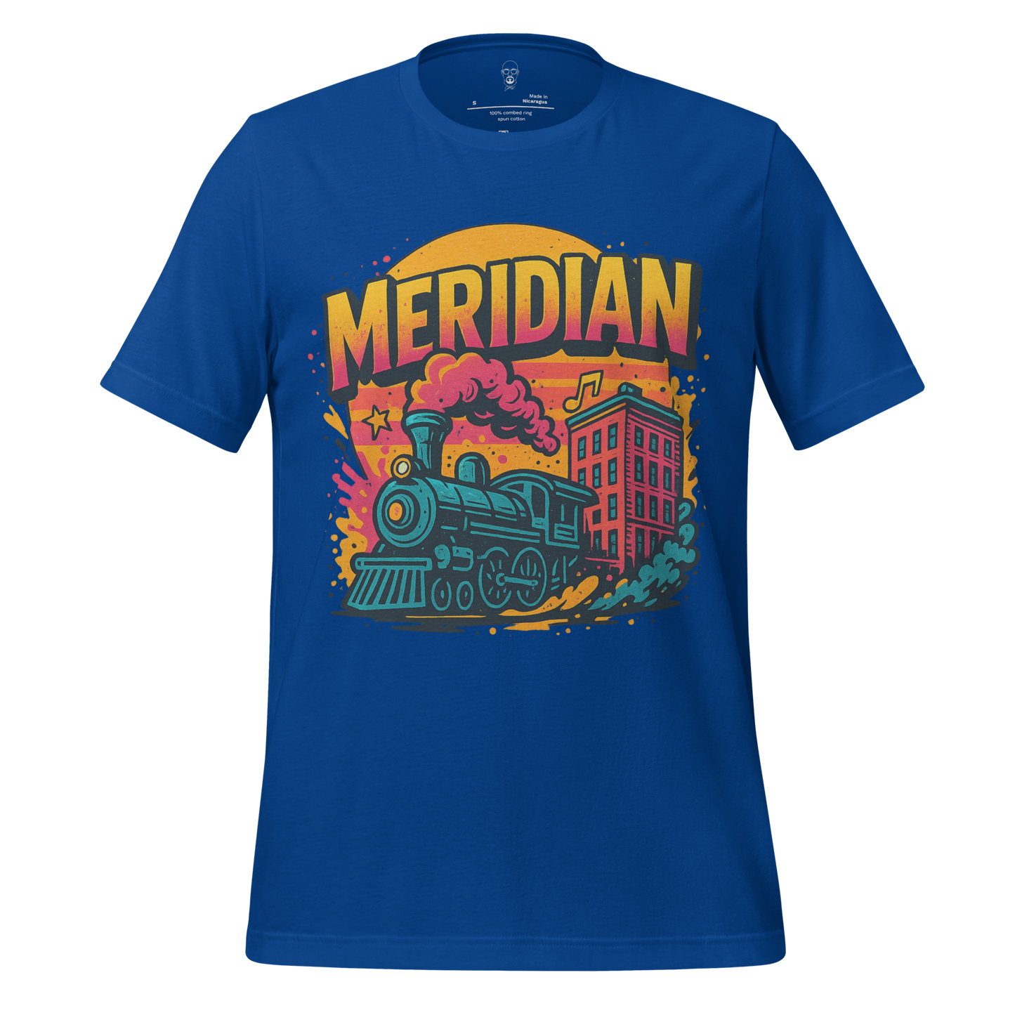 JMK Drip blue Meridian, Mississippi Graphic T-Shirt with colorful train and building design