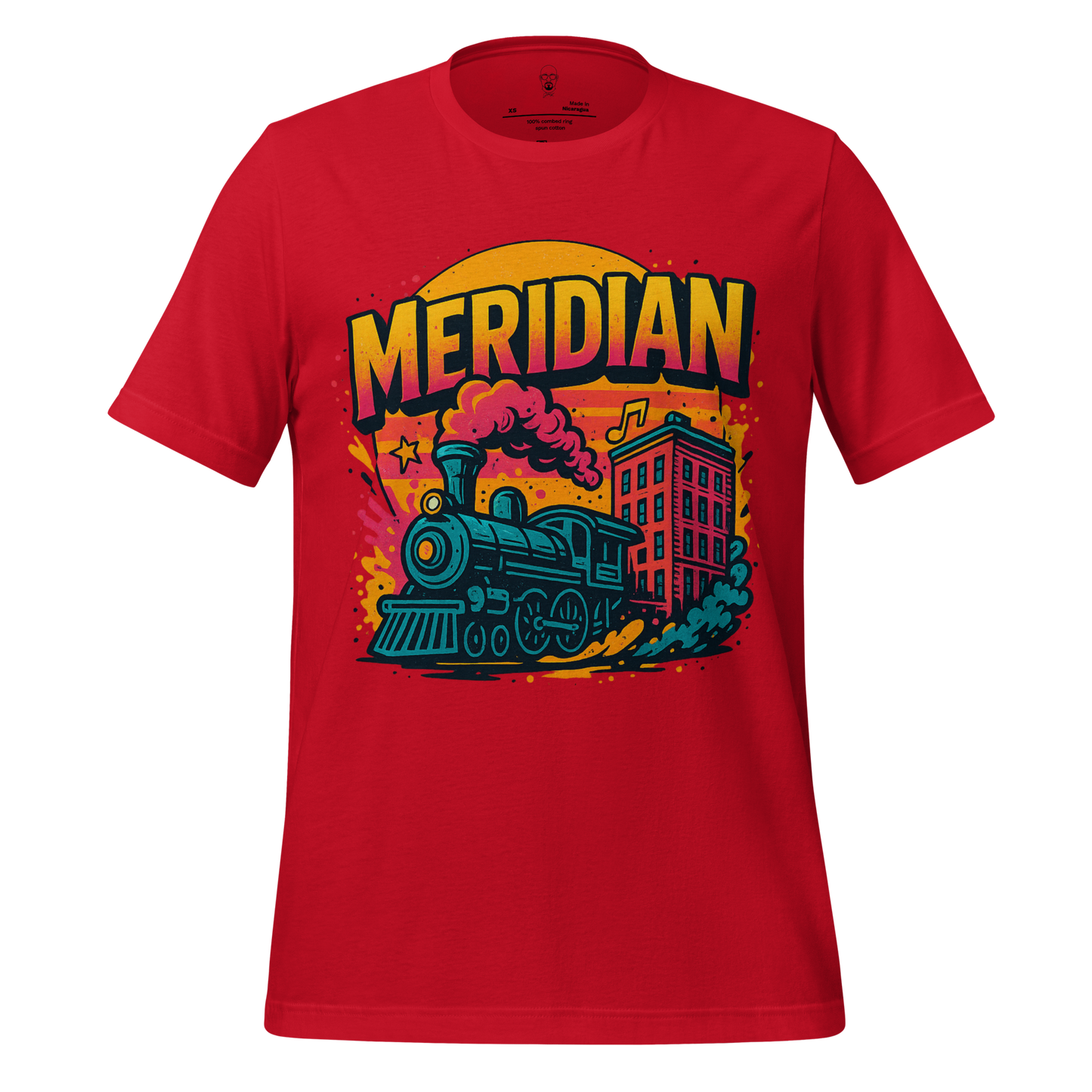 Red Meridian, Mississippi Graphic T-Shirt featuring a vintage train and city building design