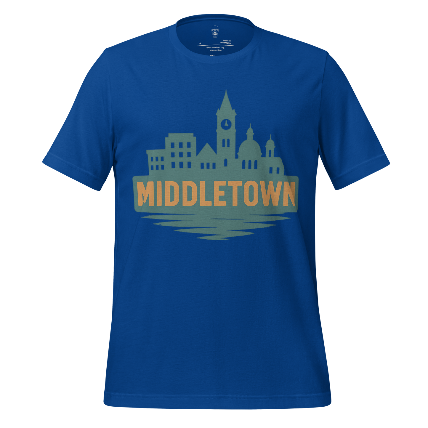 JMK Drip blue Middletown Graphic T-Shirt with city skyline and clock tower design