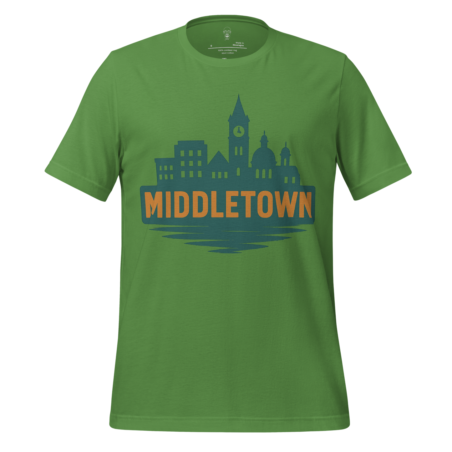 Green JMK Drip Middletown Graphic T-Shirt with city skyline design in blue and orange text