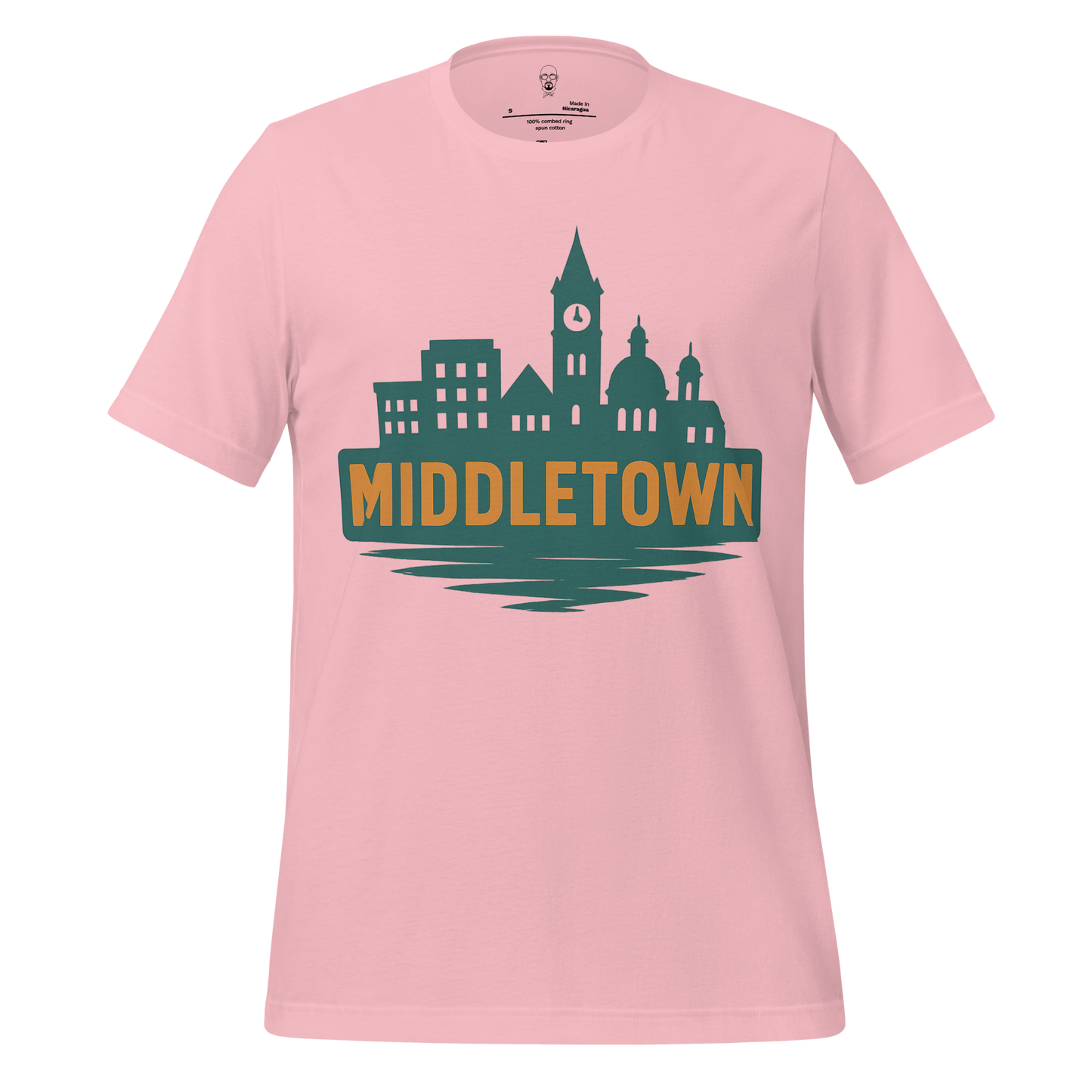 JMK Drip pink Middletown Graphic T-Shirt featuring city skyline design in green and yellow text