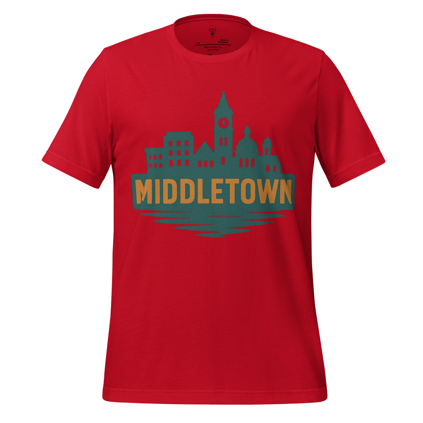 JMK Drip red Middletown Graphic T-Shirt featuring a green and gold city skyline design