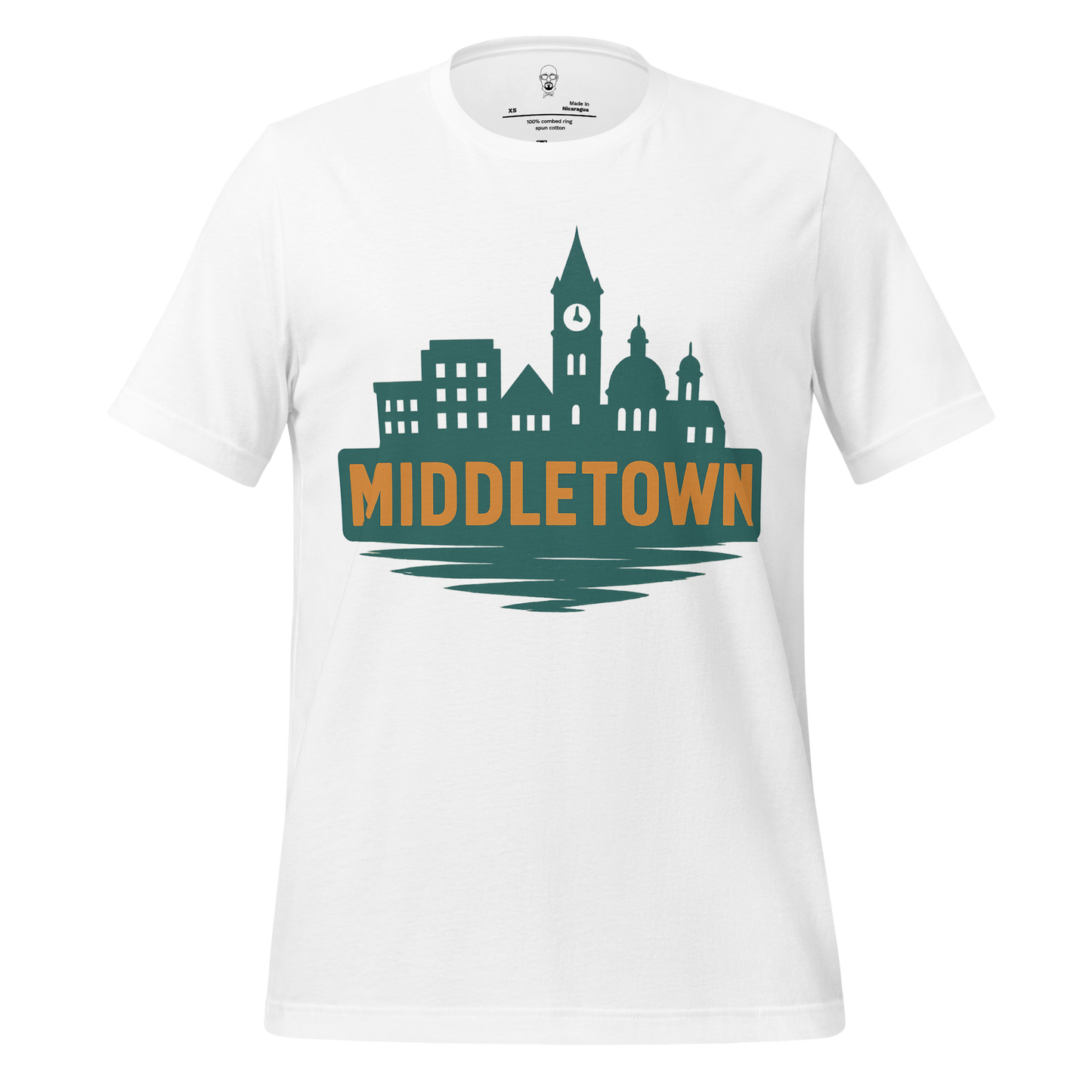 JMK Drip white Middletown Graphic T-Shirt featuring a city skyline design in teal and orange