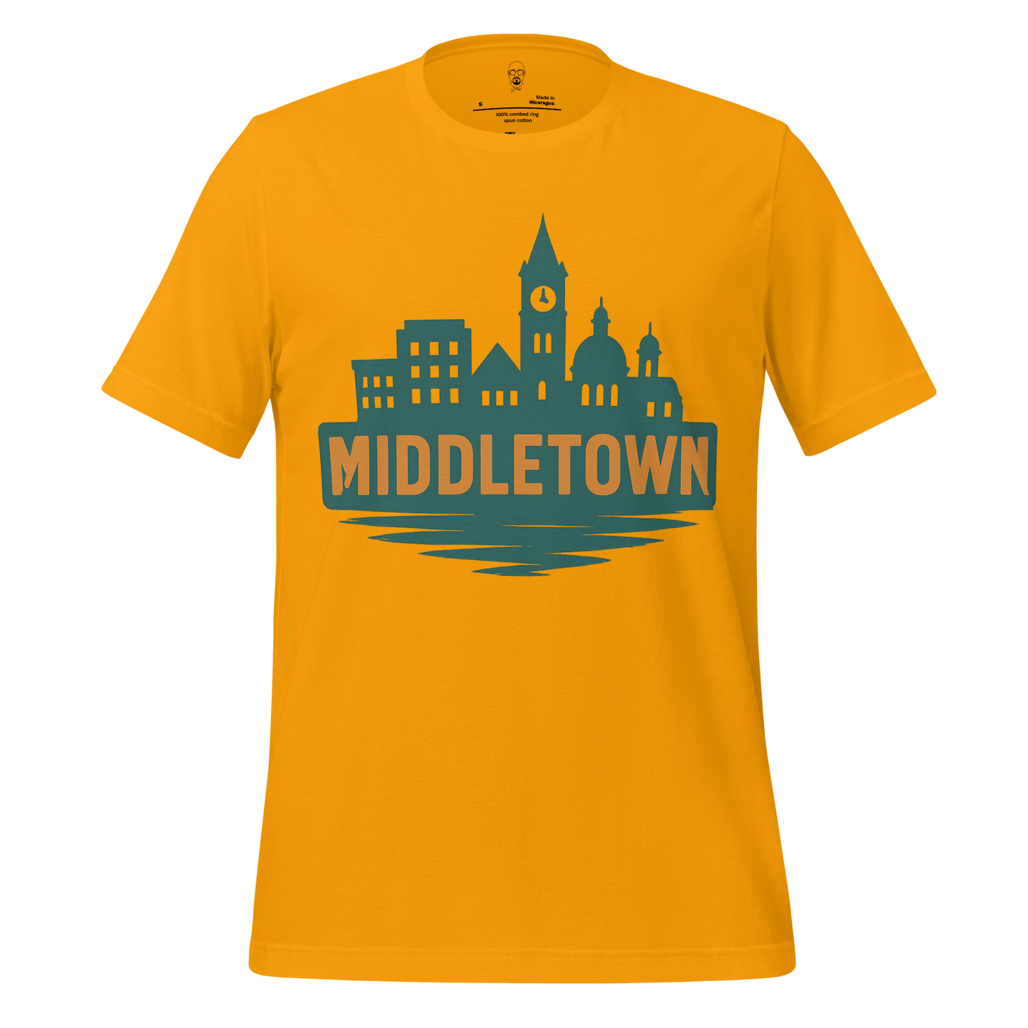 JMK Drip yellow Middletown Graphic T-Shirt featuring a blue city skyline design on front
