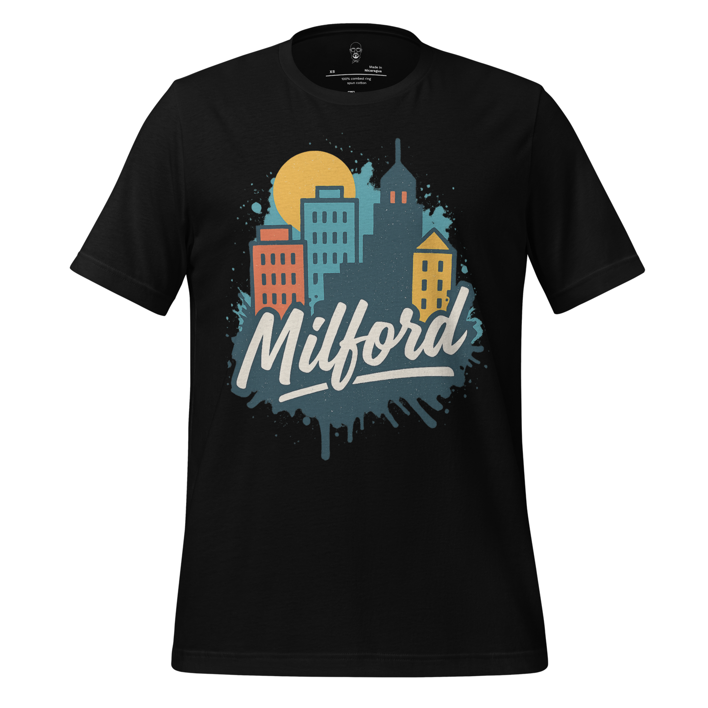 Black Milford Graphic T-Shirt with colorful city skyline and yellow sun design by JMK Drip