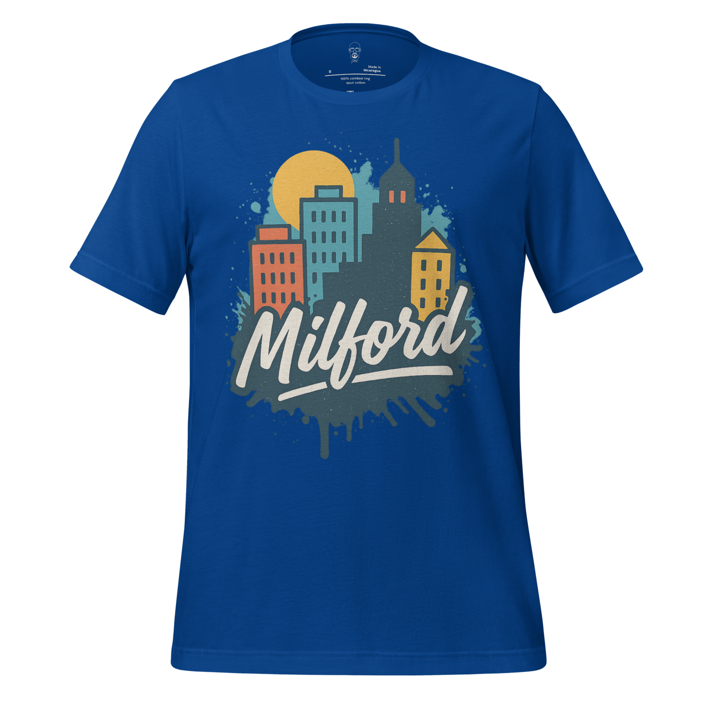 Blue Milford Graphic T-Shirt with colorful city skyline and yellow sun design by JMK Drip