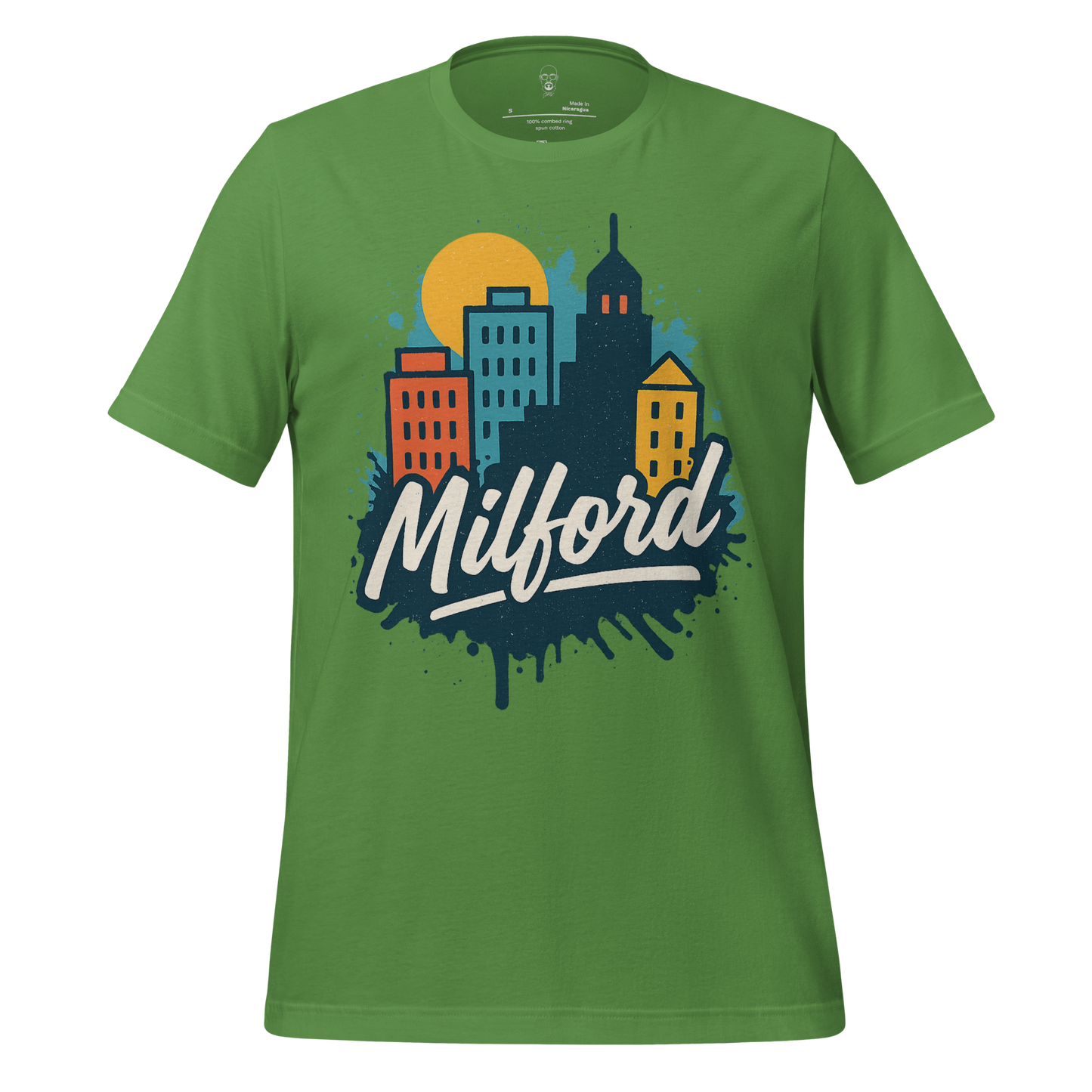 Green Milford Graphic T-Shirt by JMK Drip featuring colorful city skyline design and bold Milford text