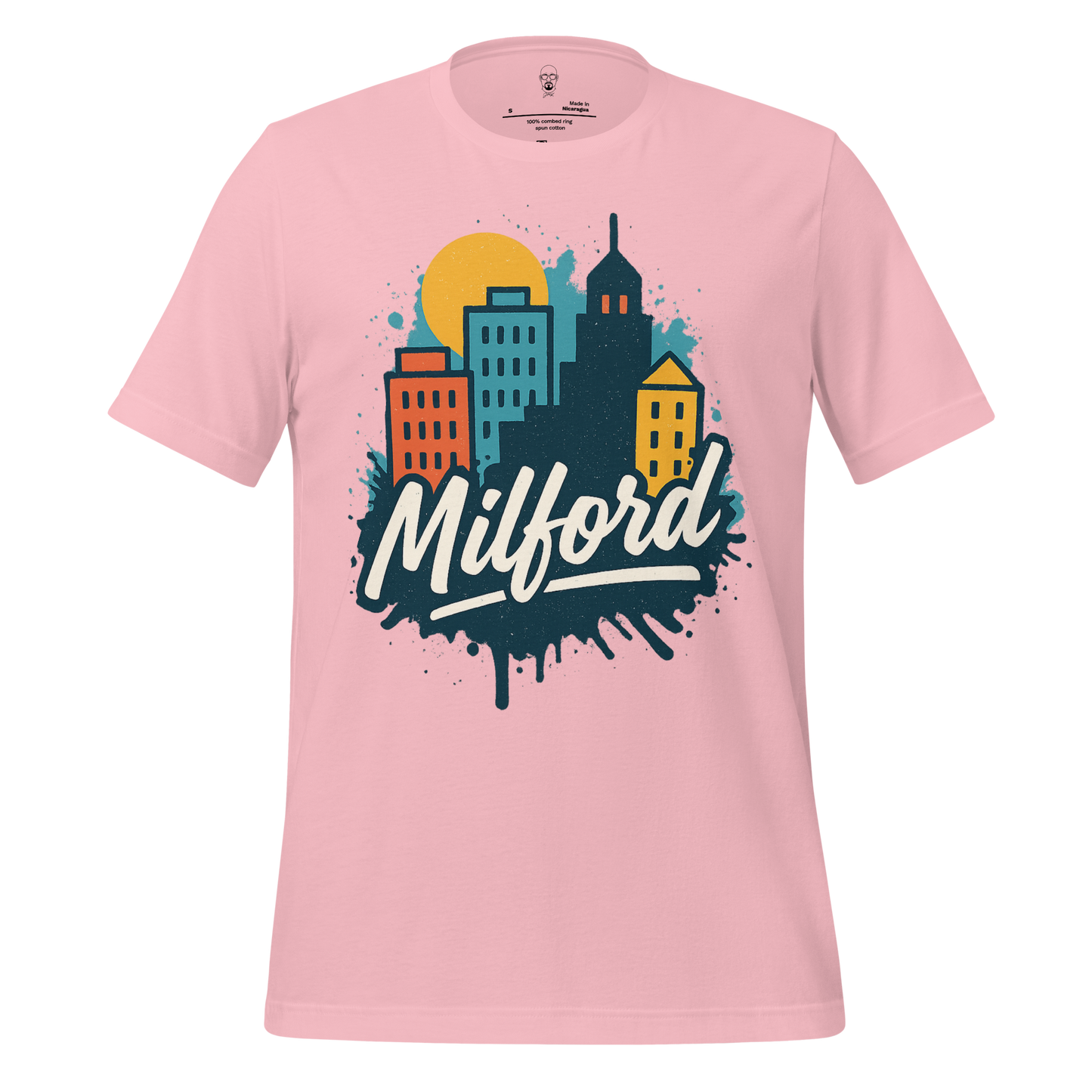 Pink Milford Graphic T-Shirt by JMK Drip featuring colorful city skyline design with sun