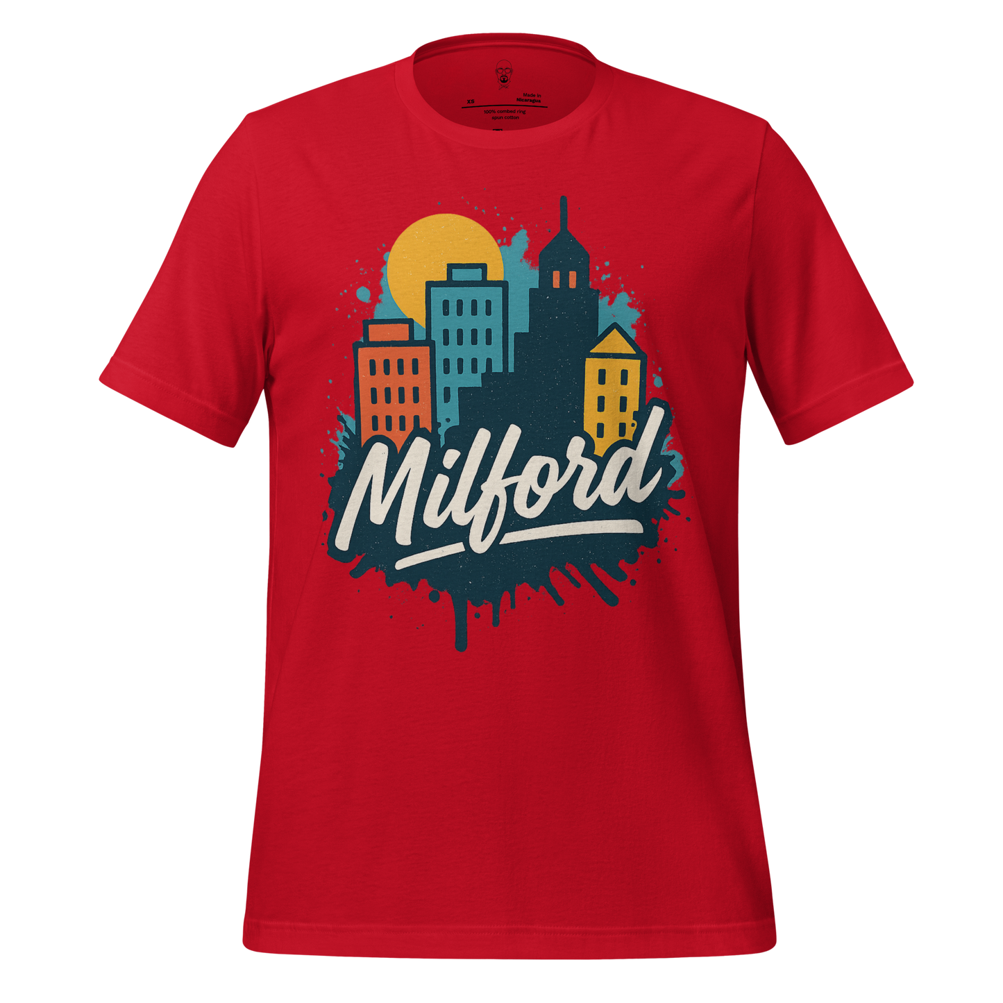 Red Milford Graphic T-Shirt by JMK Drip featuring city skyline design with sun and Milford text