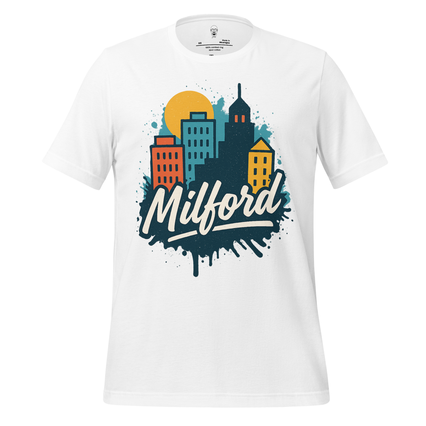 White Milford Graphic T-Shirt featuring colorful city skyline design and Milford text