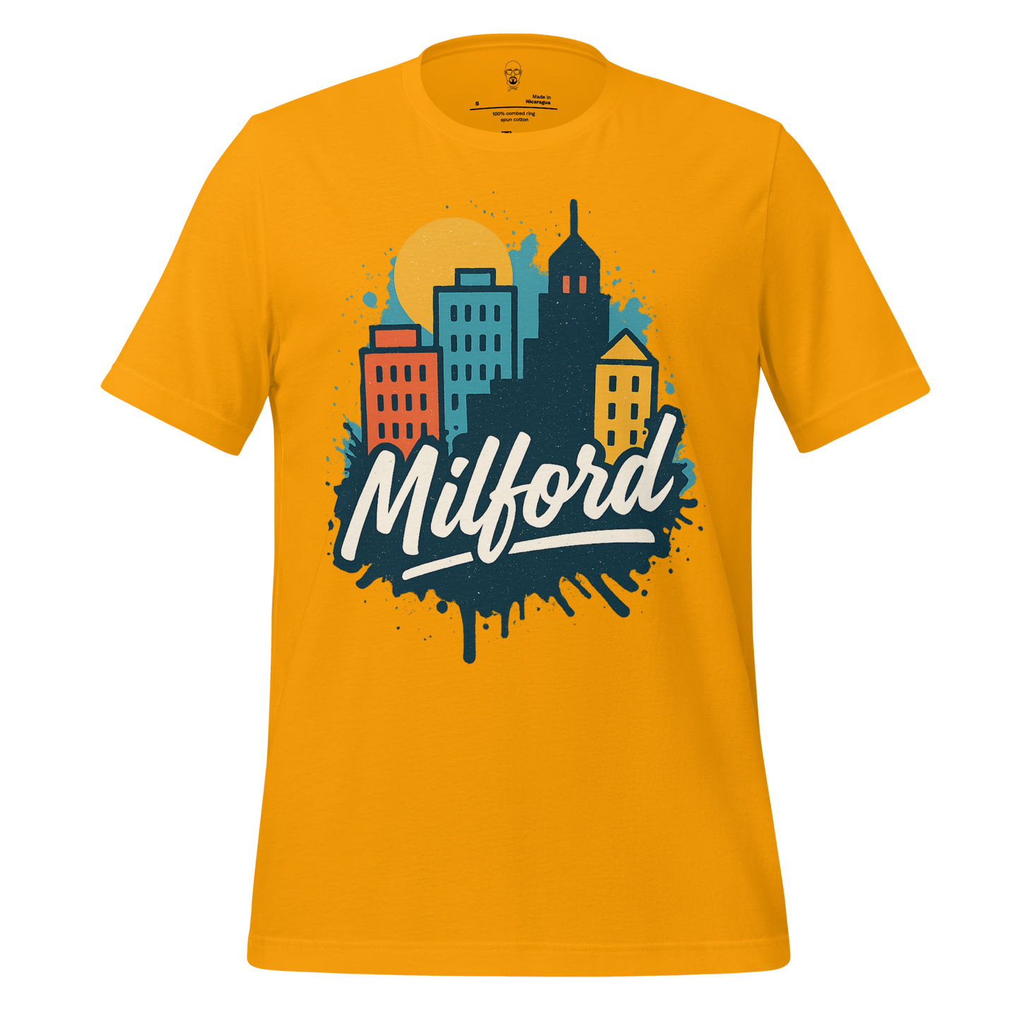 JMK Drip Milford Graphic T-Shirt in yellow with colorful city skyline and Milford text design