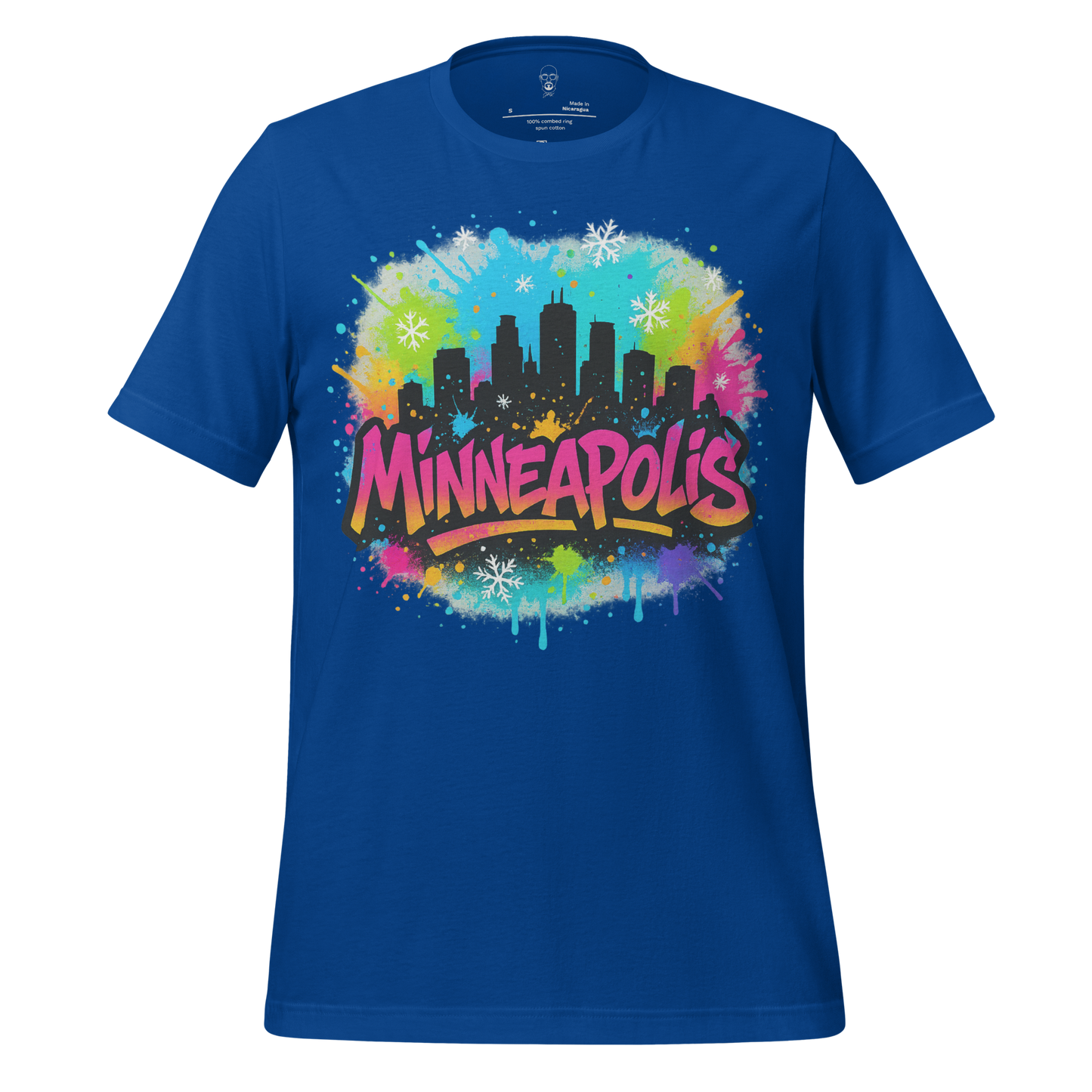 JMK Drip Minneapolis Graphic T-Shirt in blue with colorful city skyline and graffiti style text