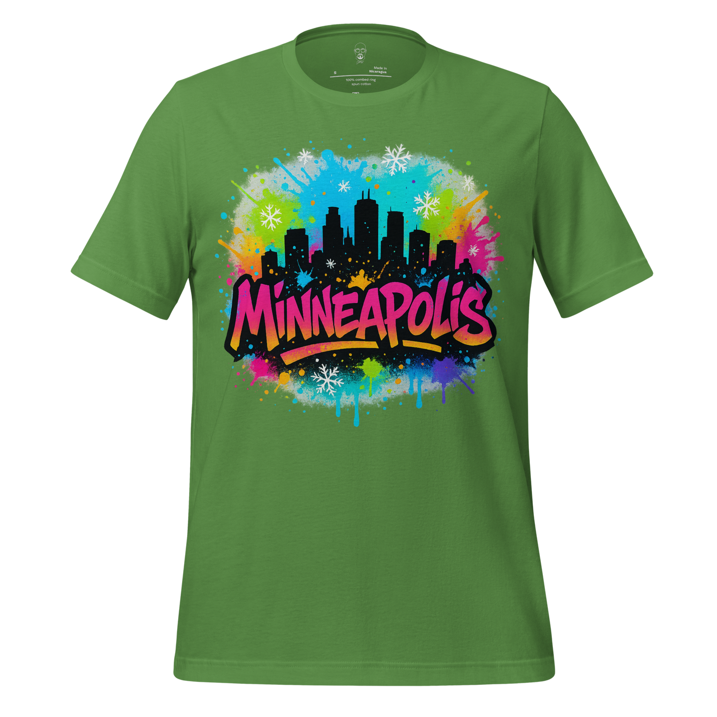 Green Minneapolis Graphic T-Shirt featuring colorful city skyline and graffiti style text