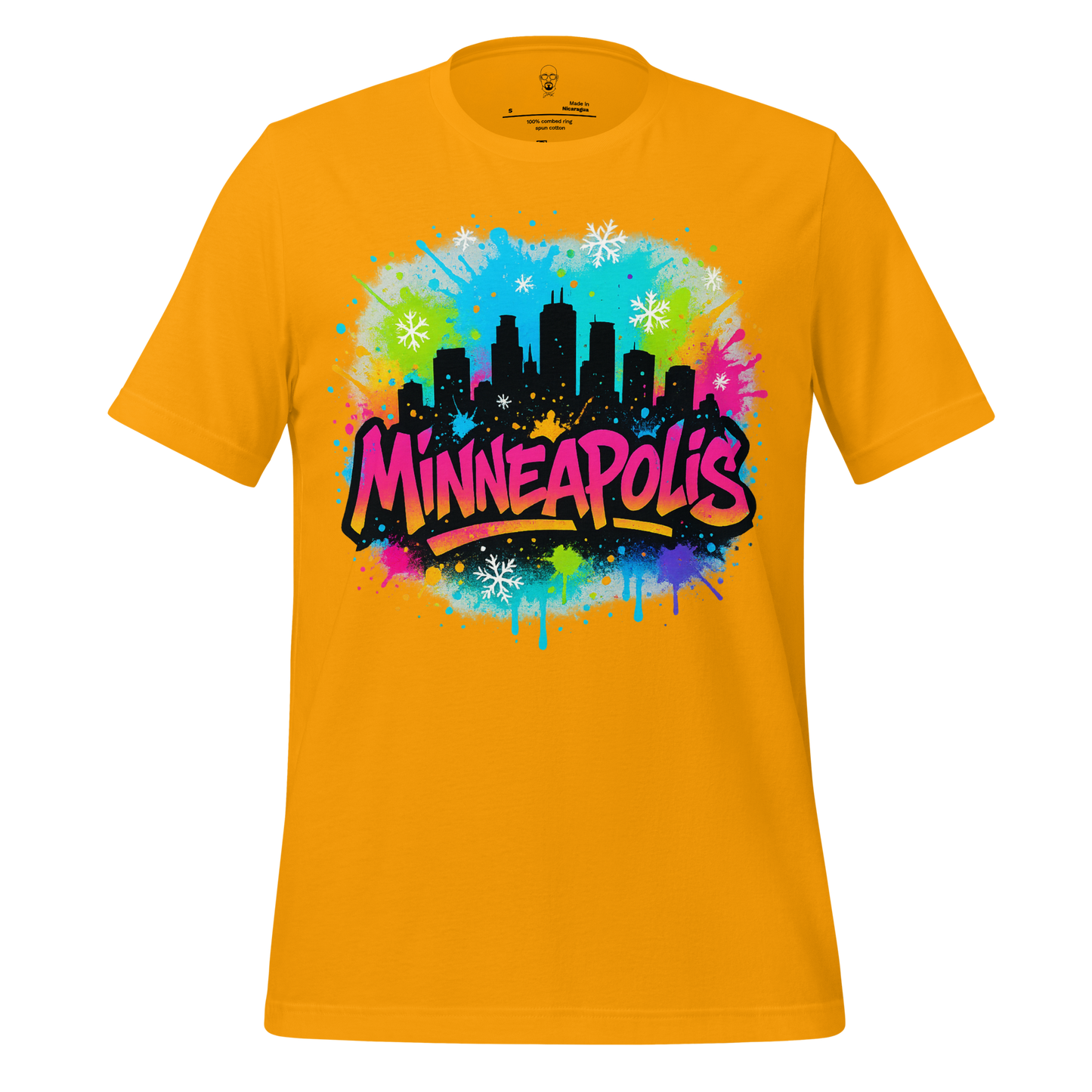 JMK Drip Minneapolis Graphic T-Shirt with colorful city skyline and snowflake design on yellow fabric
