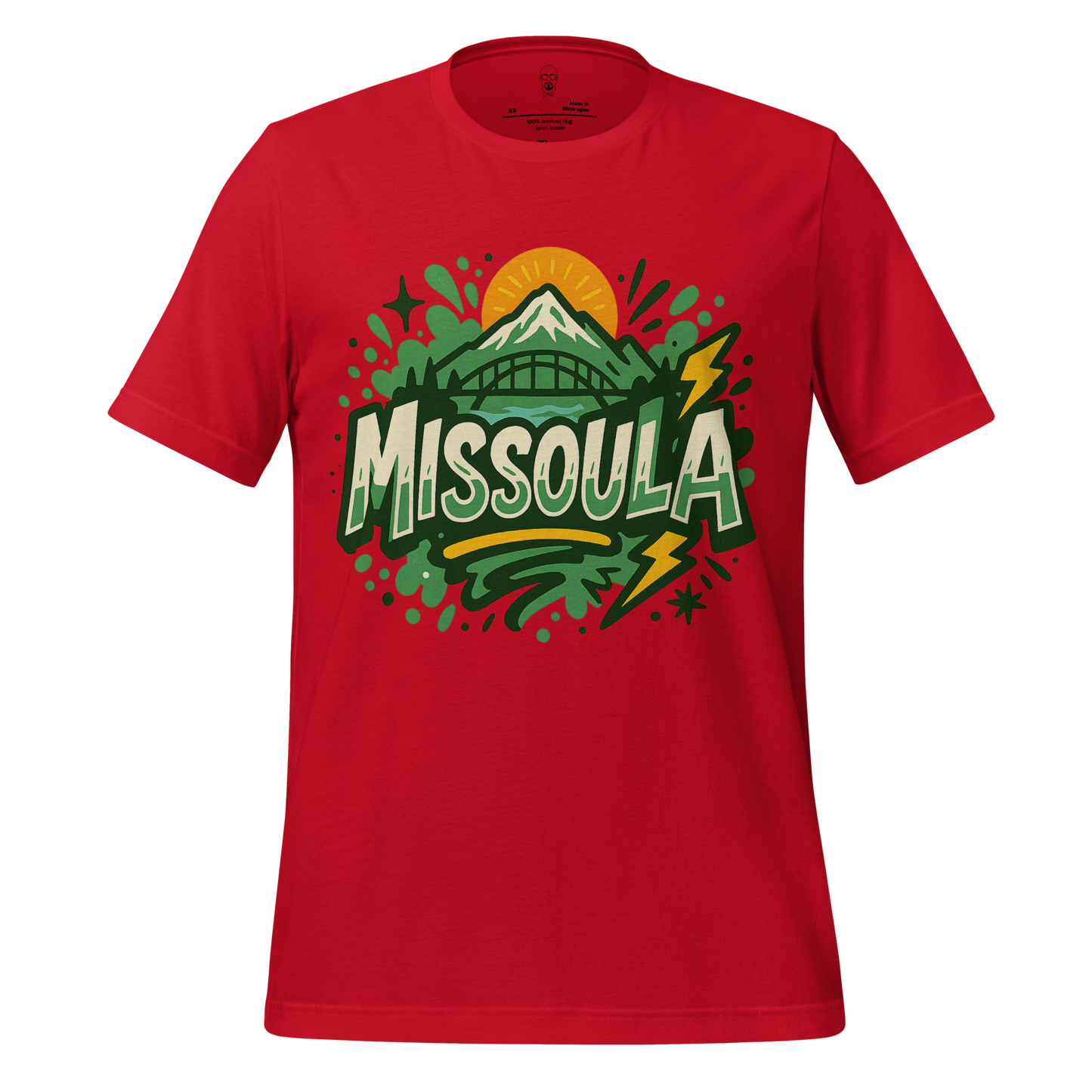 Red JMK Drip Missoula Graphic T-Shirt with mountain and sun design in green and yellow