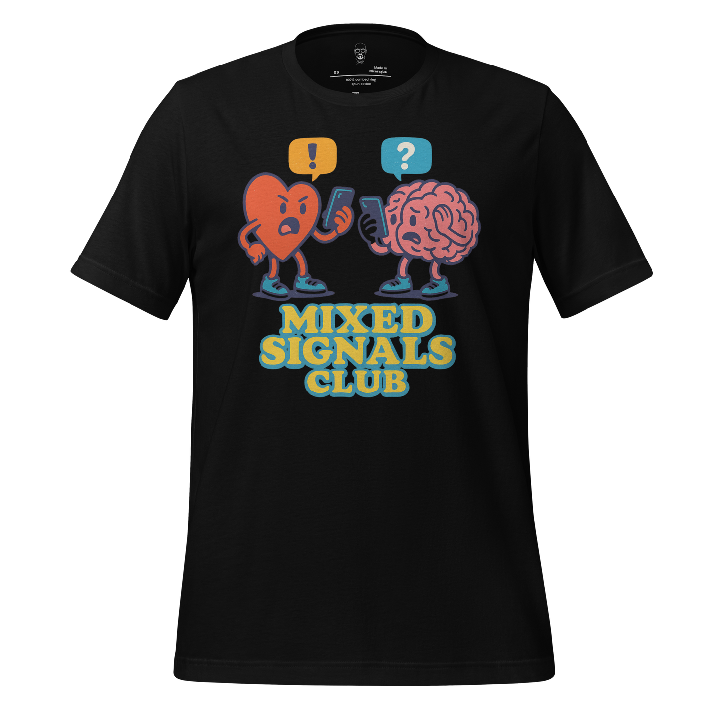 Black mixed signals graphic tee featuring cartoon heart and brain characters texting with speech bubbles