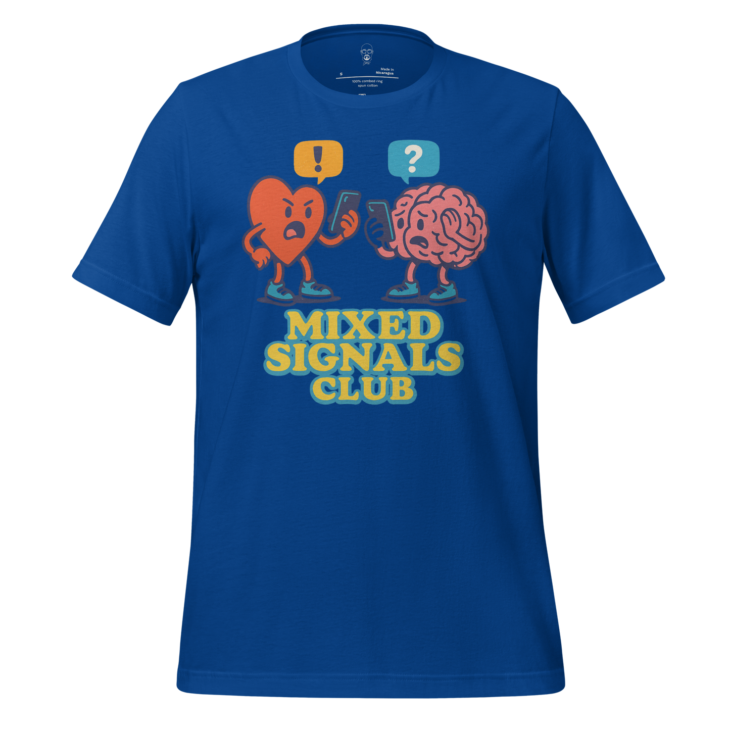 JMK Drip blue mixed signals graphic tee with heart and brain cartoon characters holding phones
