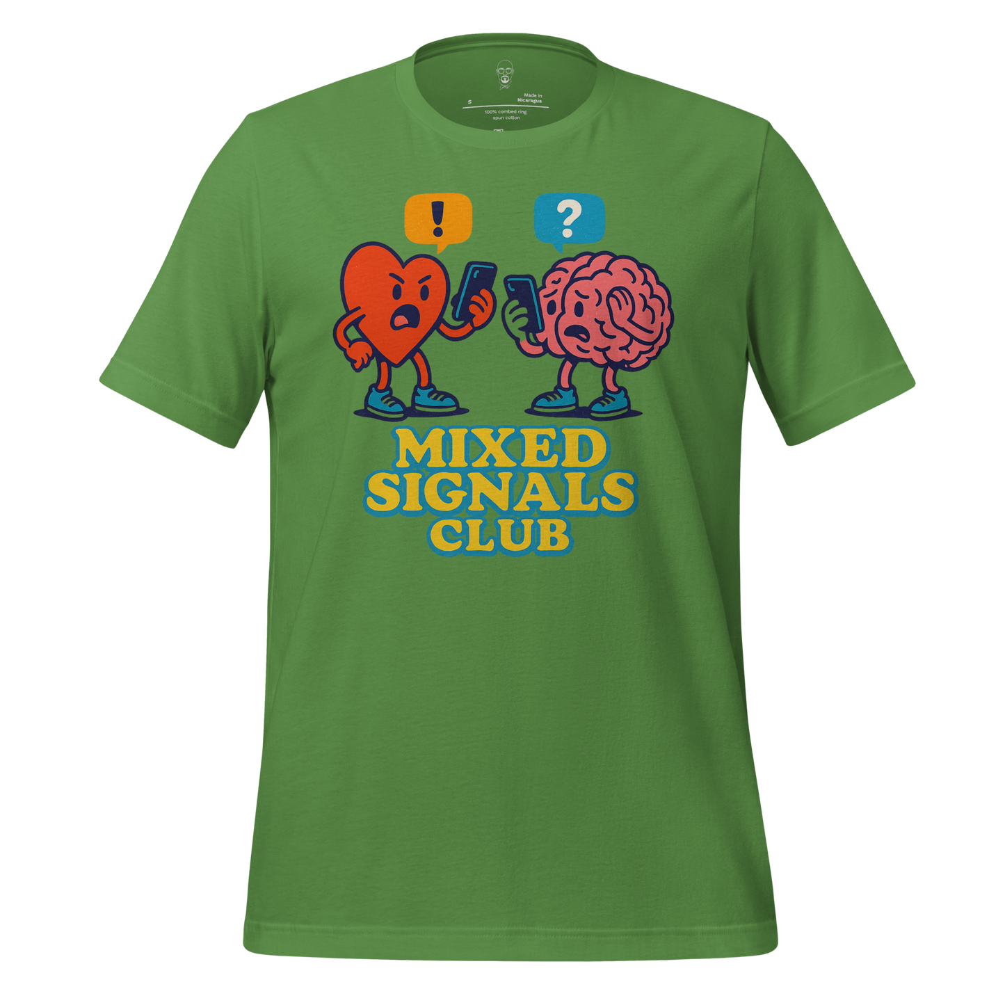Green mixed signals graphic tee featuring heart and brain characters texting with mixed emotions