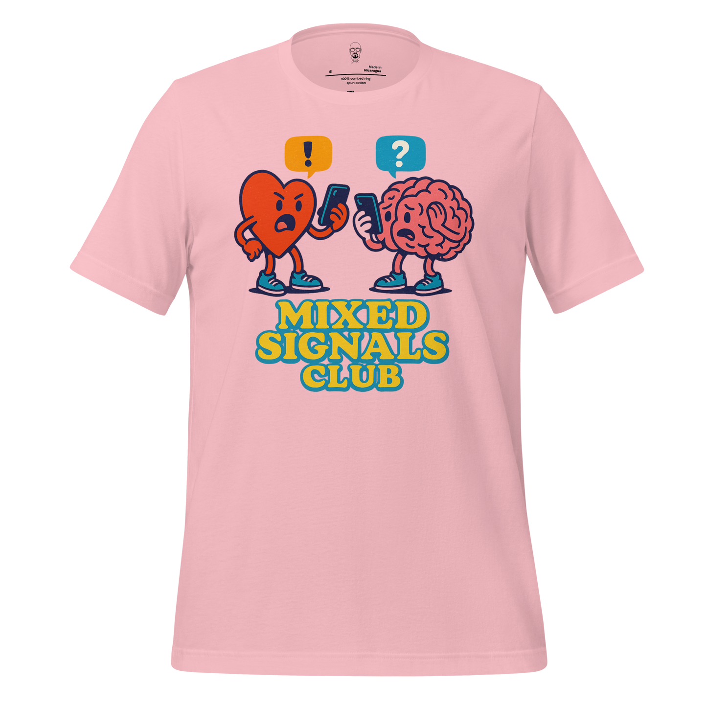 JMK Drip pink mixed signals graphic tee featuring cartoon heart and brain texting with Mixed Signals Club text