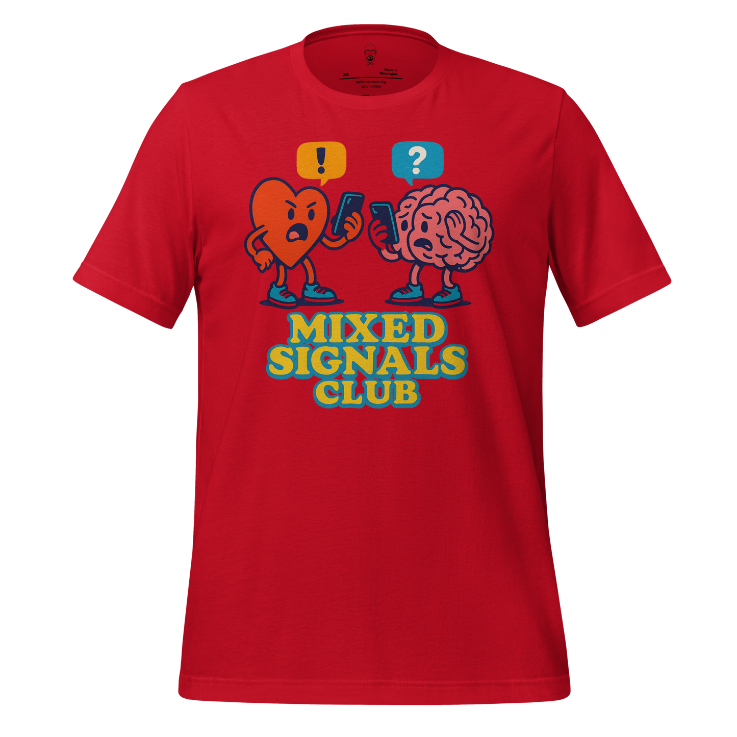 Red JMK Drip mixed signals graphic tee with cartoon heart and brain texting and mixed signals club text