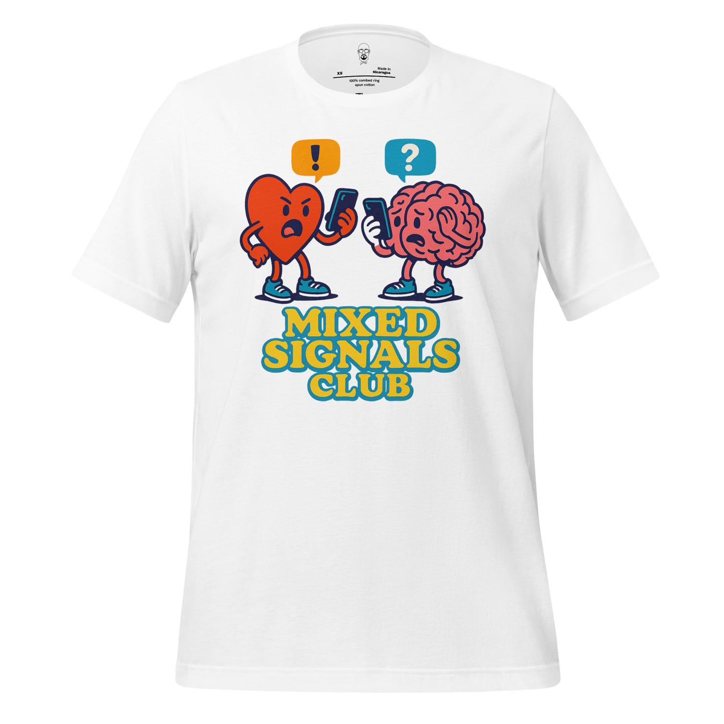 White JMK Drip mixed signals graphic tee with cartoon heart and brain texting illustration