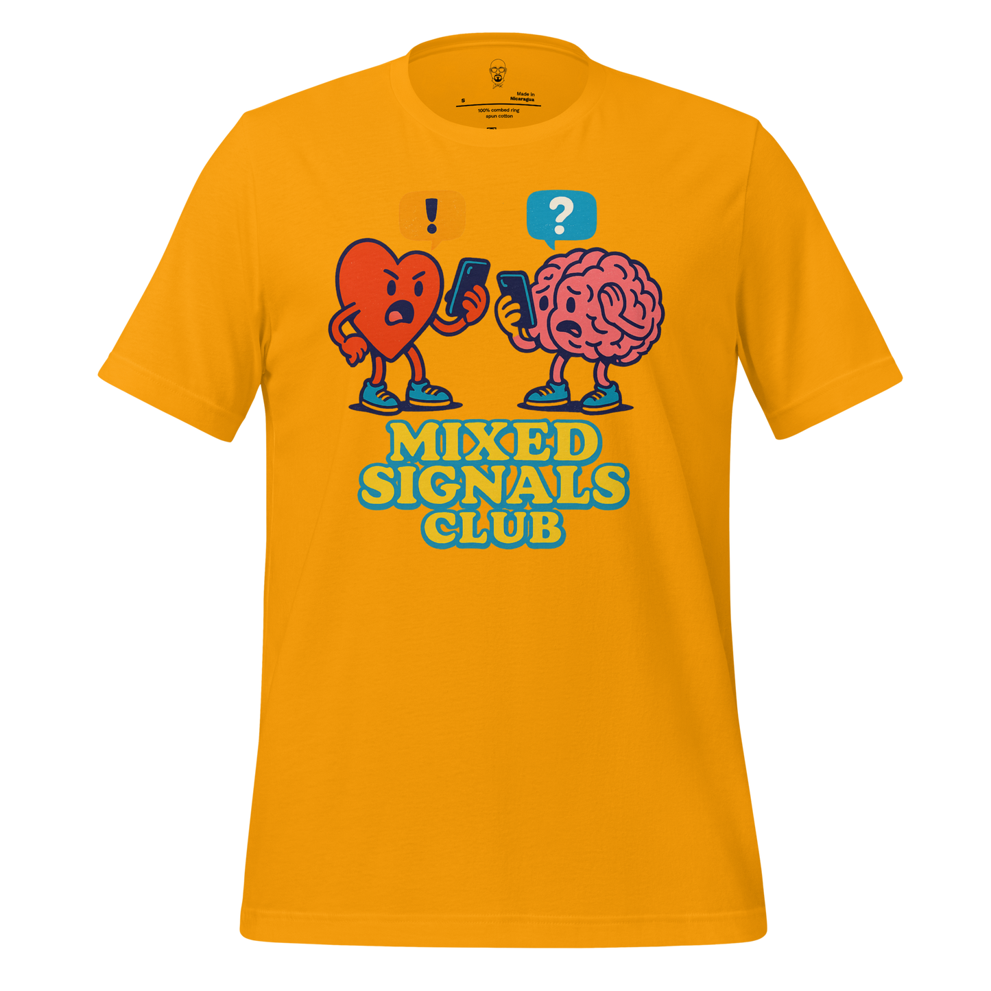 JMK Drip yellow mixed signals graphic tee featuring heart and brain cartoon characters with phones