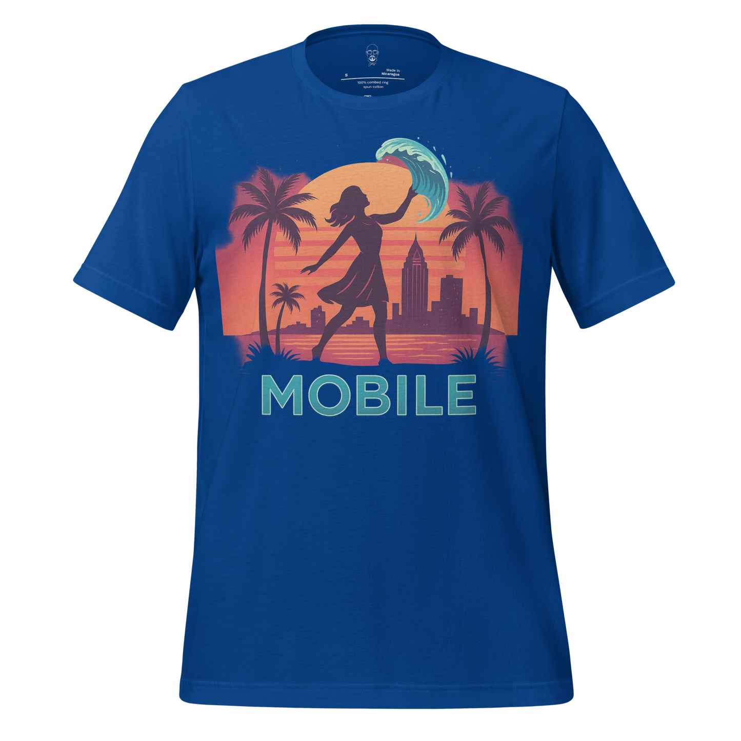 JMK Drip blue Mobile Graphic T-Shirt with sunset cityscape and palm tree design