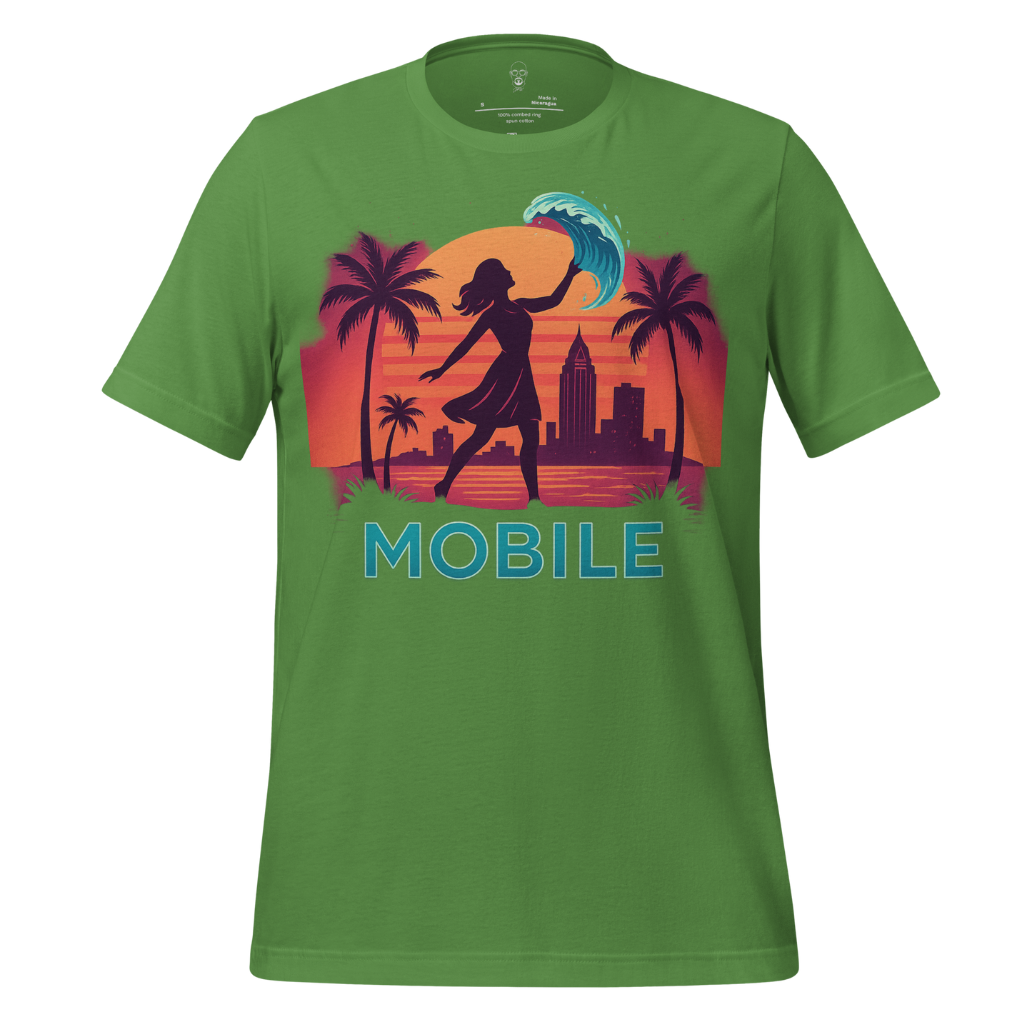 Green JMK Drip Mobile Graphic T-Shirt with silhouette of woman, palm trees, city skyline, and wave design