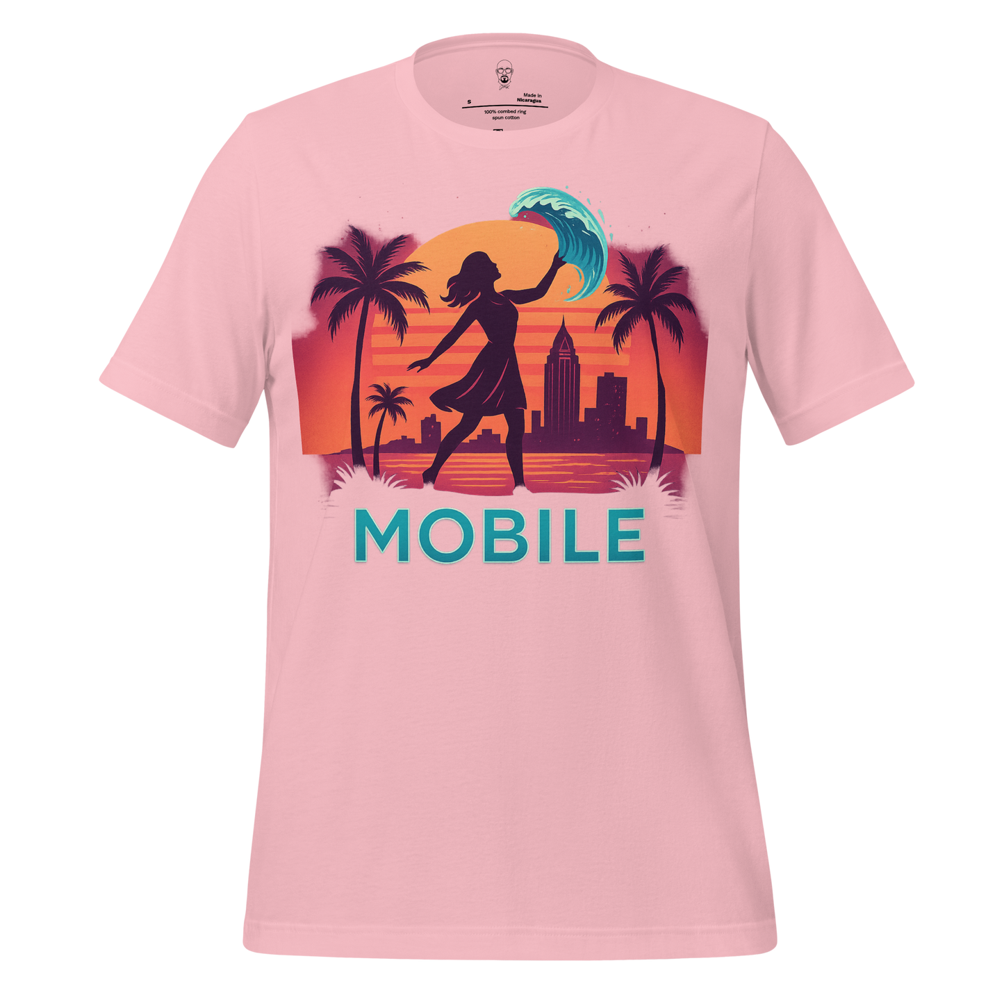 Pink Mobile Graphic T-Shirt featuring a silhouette of a woman with an umbrella and city skyline with palm trees