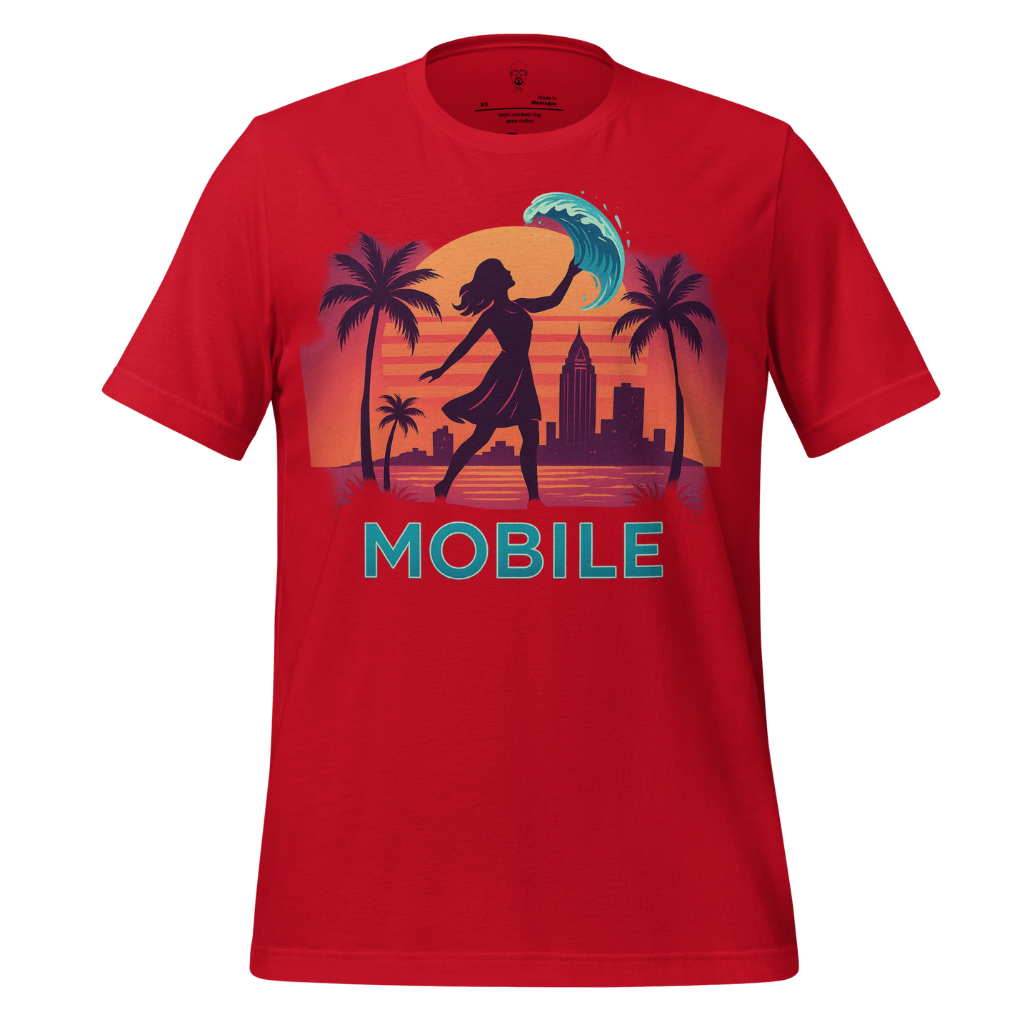 JMK Drip red Mobile Graphic T-Shirt with sunset cityscape, palm trees, and silhouette design