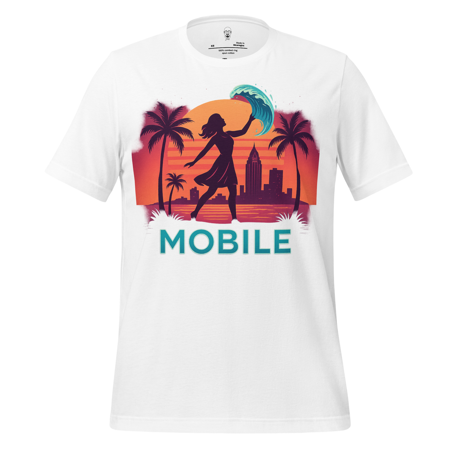 White Mobile Graphic T-Shirt by JMK Drip featuring sunset cityscape and silhouette with palm trees