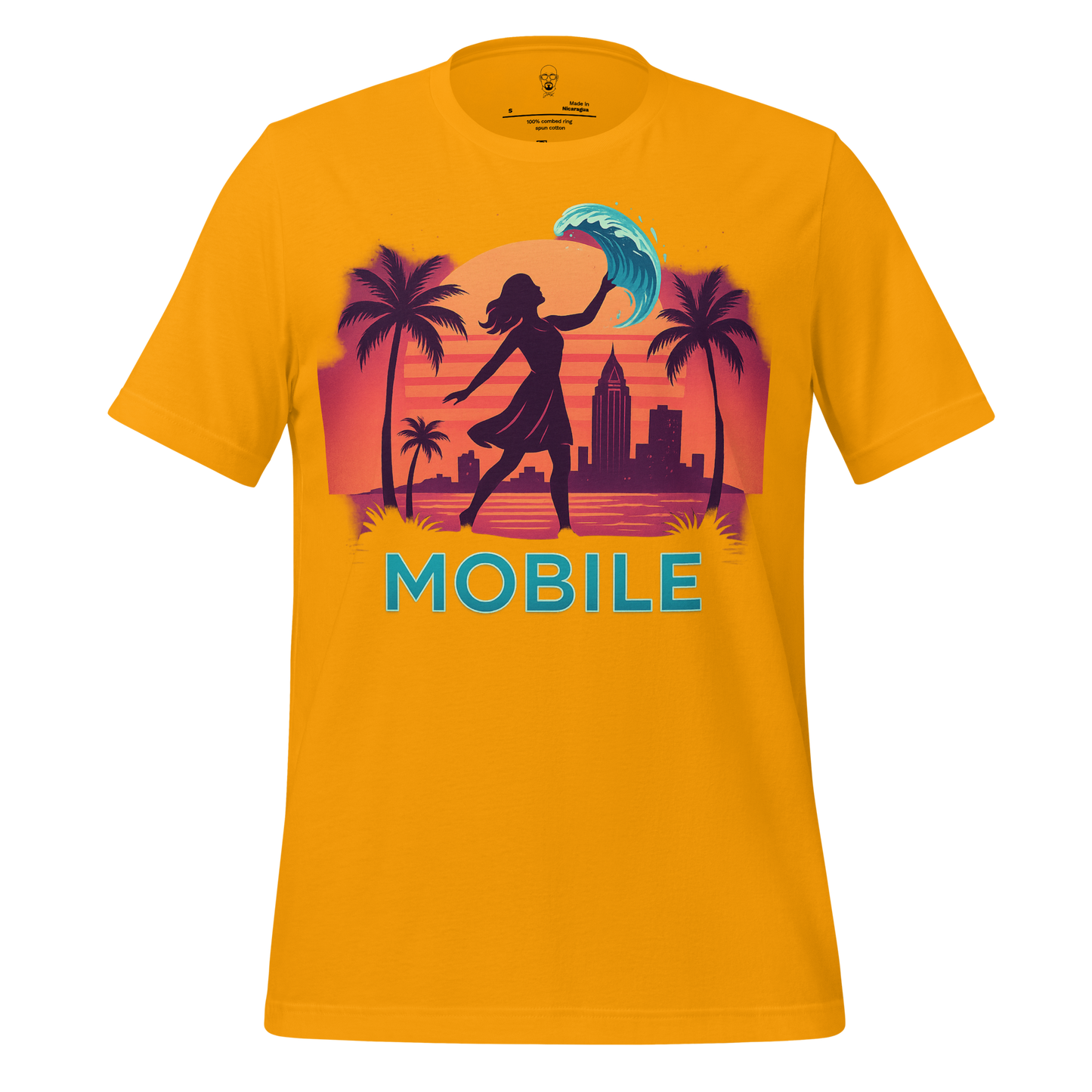 JMK Drip Mobile Graphic T-Shirt in yellow with silhouette of woman holding wave and city skyline