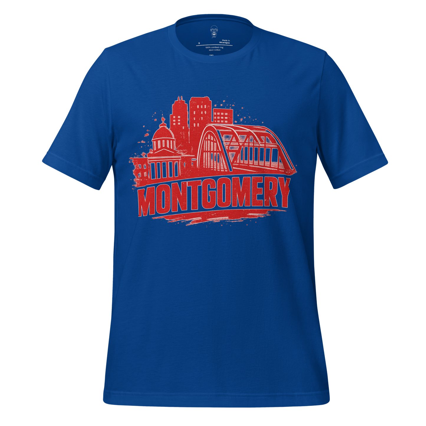 JMK Drip Montgomery Graphic T-Shirt in blue with red city skyline and bridge design