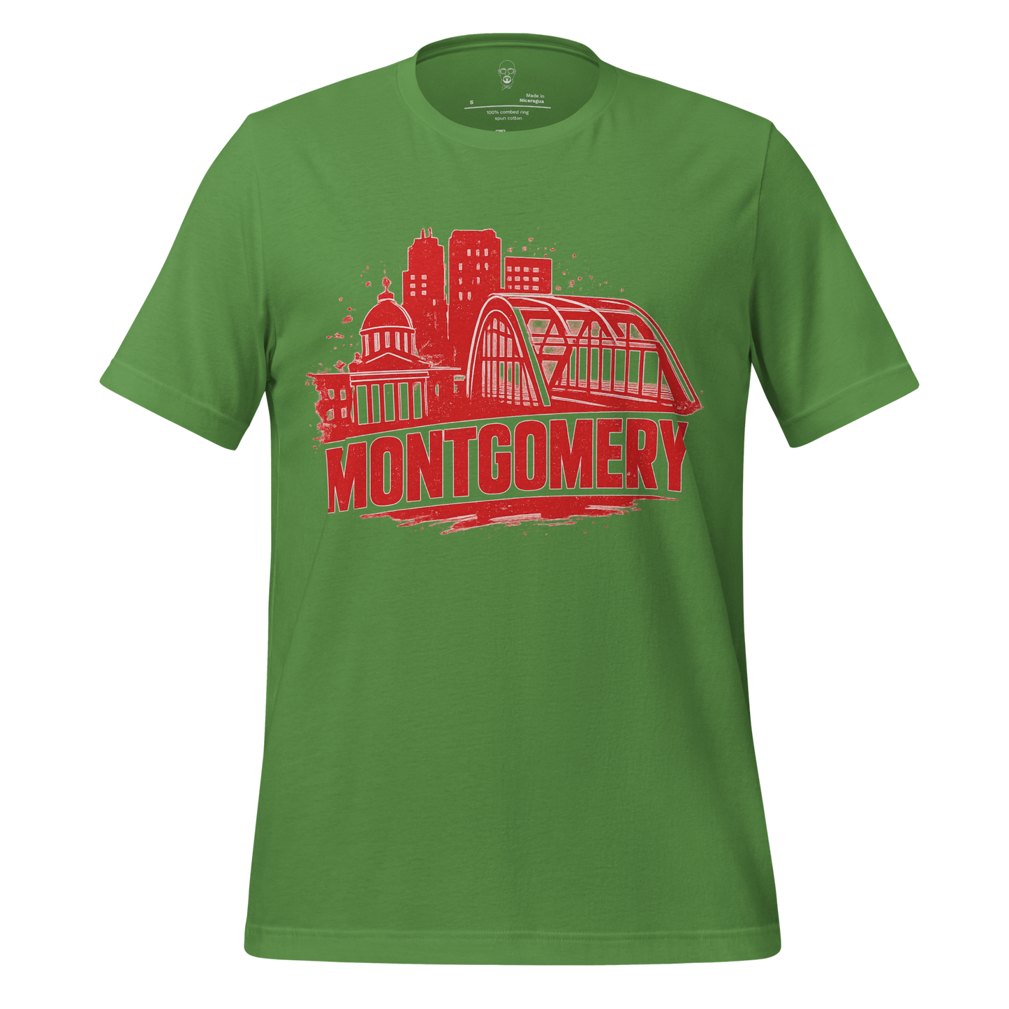Green Montgomery Graphic T-Shirt by JMK Drip featuring red city skyline and bridge design