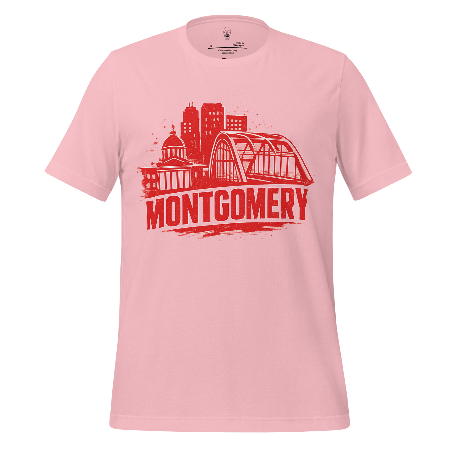 Pink Montgomery Graphic T-Shirt by JMK Drip featuring red city skyline and bridge design
