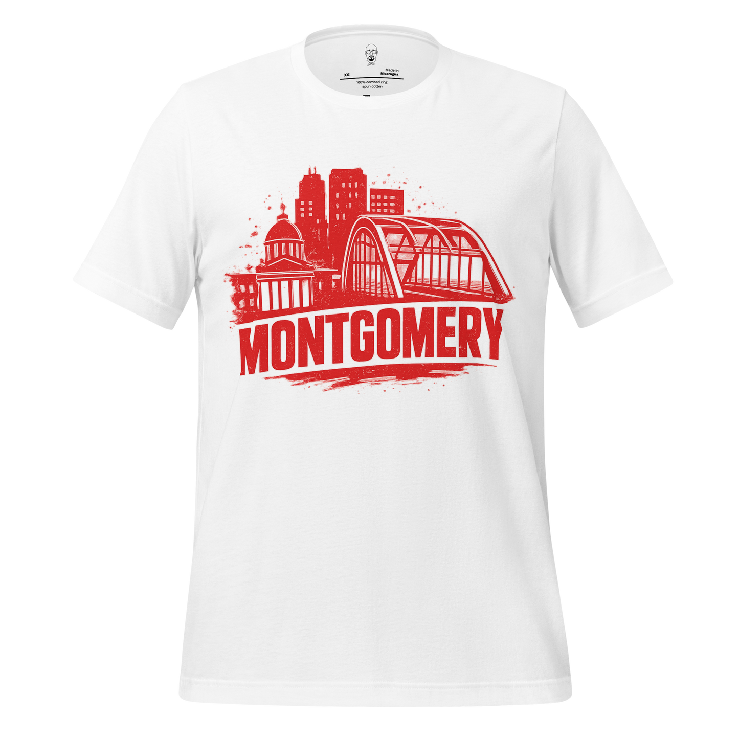 White Montgomery Graphic T-Shirt by JMK Drip with red city skyline and bridge design