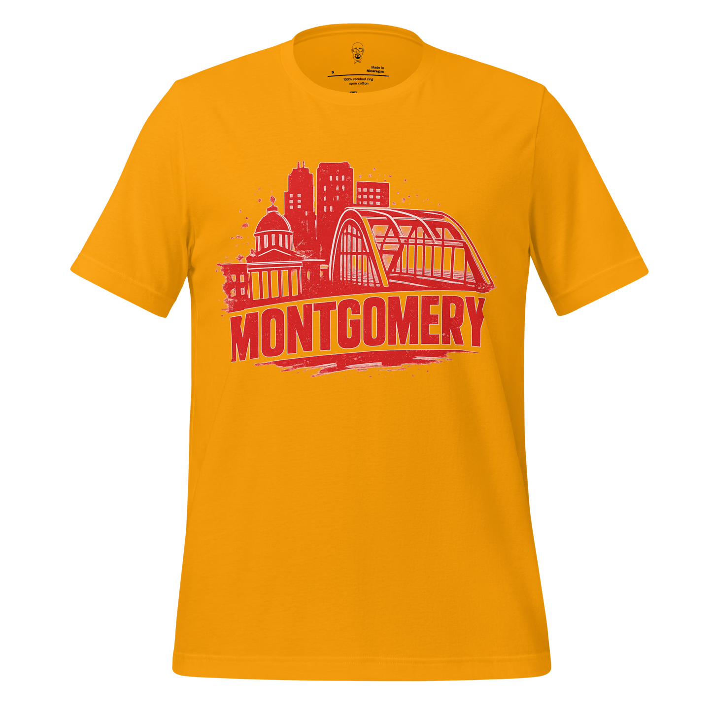 JMK Drip Montgomery Graphic T-Shirt in yellow with red city skyline and bridge design