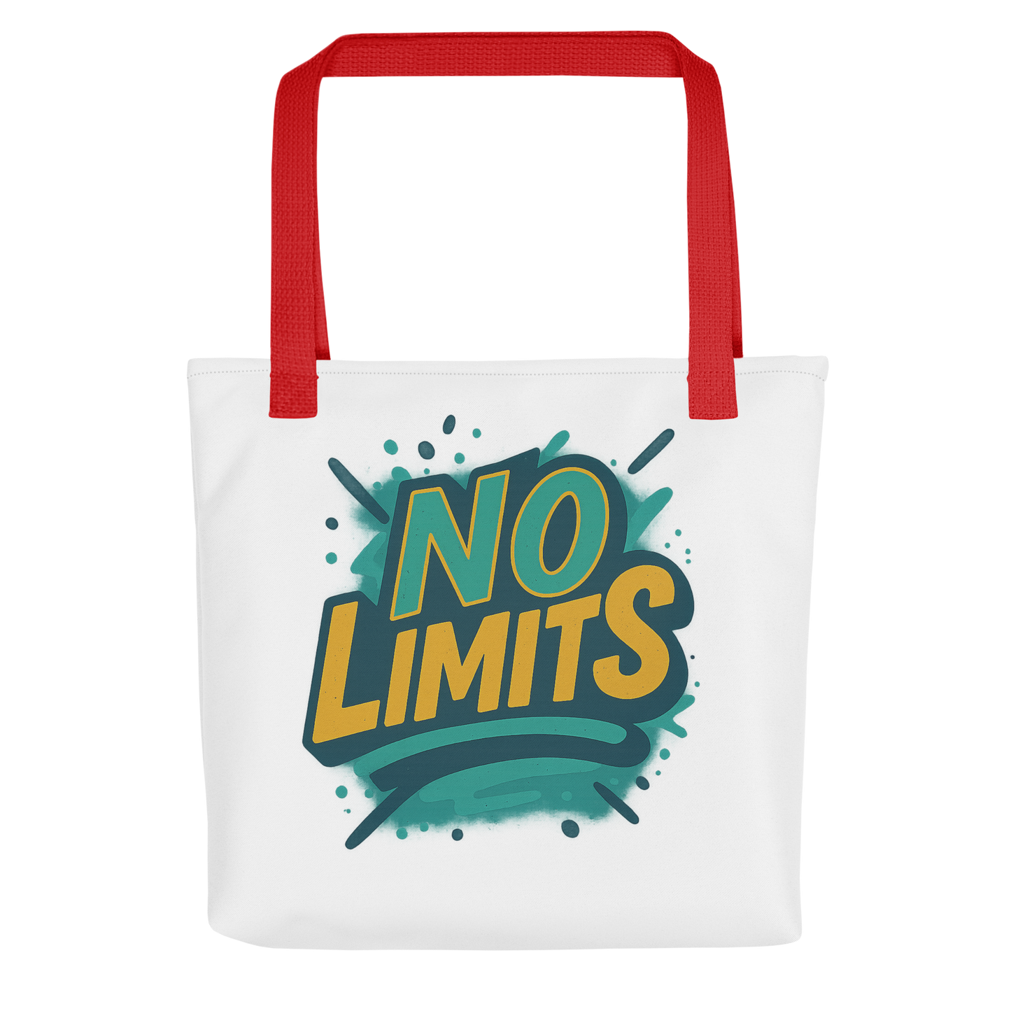 JMK Drip motivational tote bag with red handles and No Limits graphic design