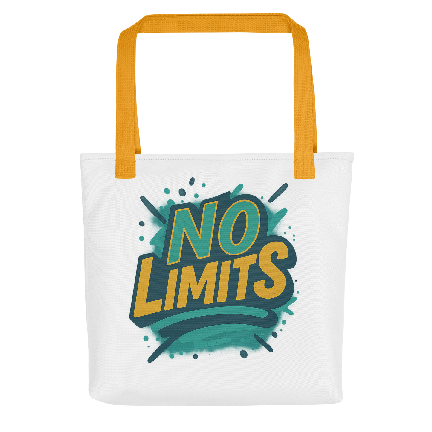 White motivational tote bag with No Limits text and yellow handles from JMK Drip