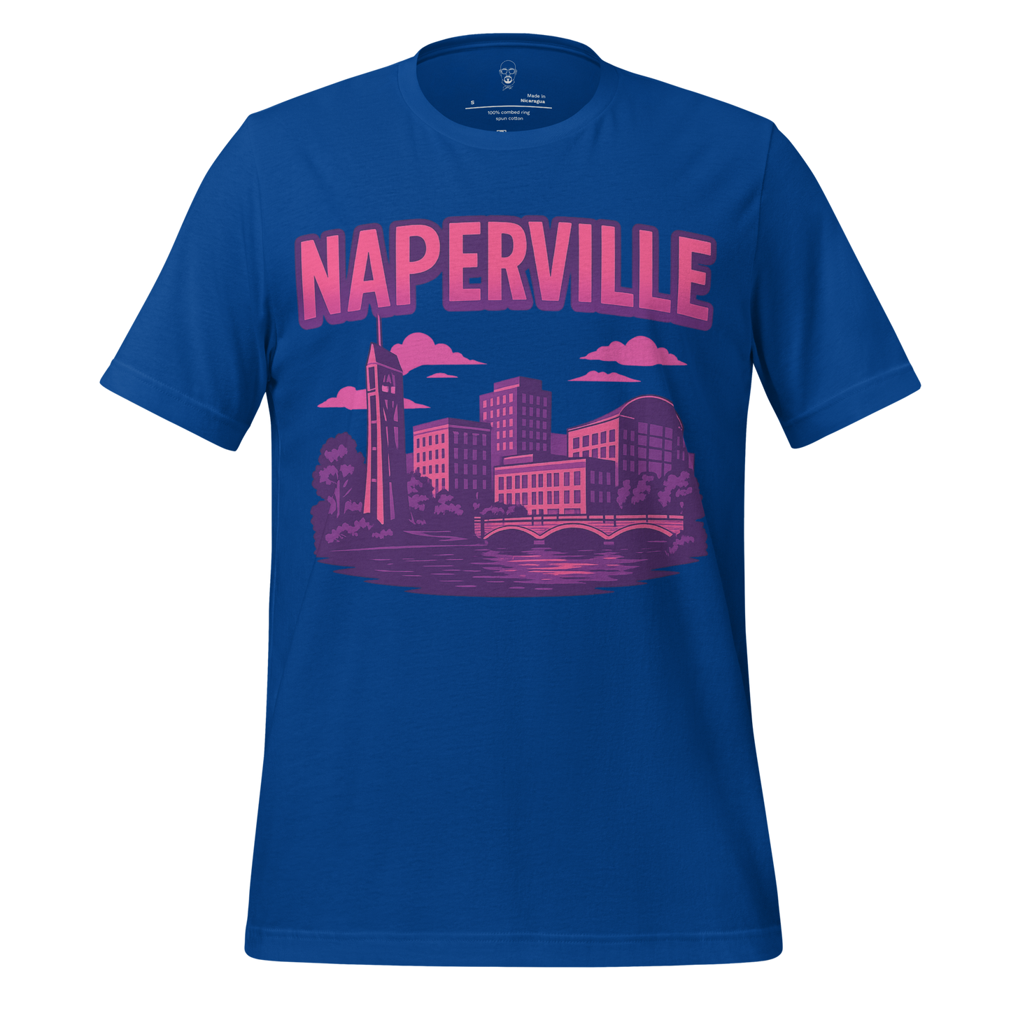JMK Drip Naperville Graphic T-Shirt in blue with pink cityscape design and bold Naperville text