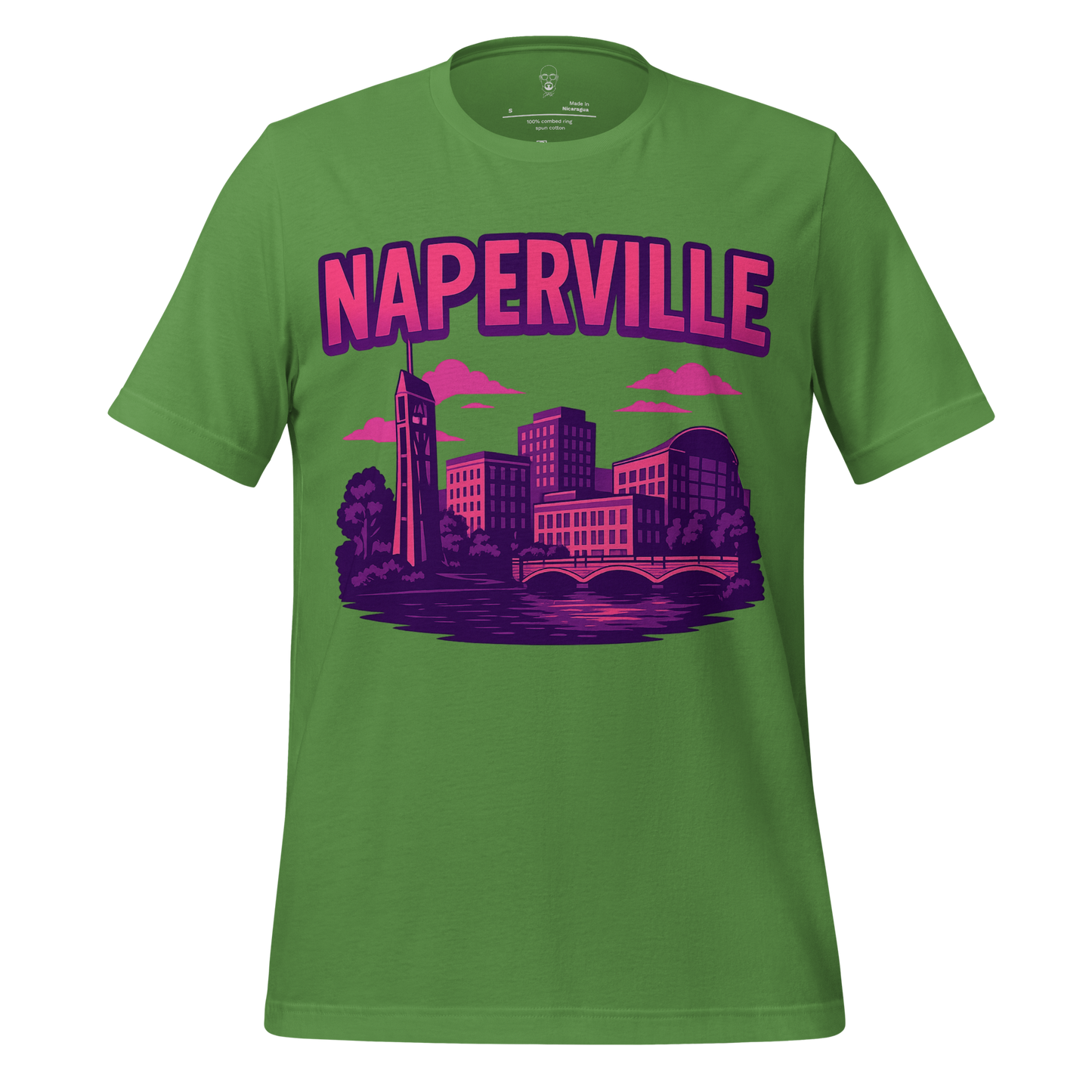Green JMK Drip Naperville Graphic T-Shirt with purple and pink cityscape design