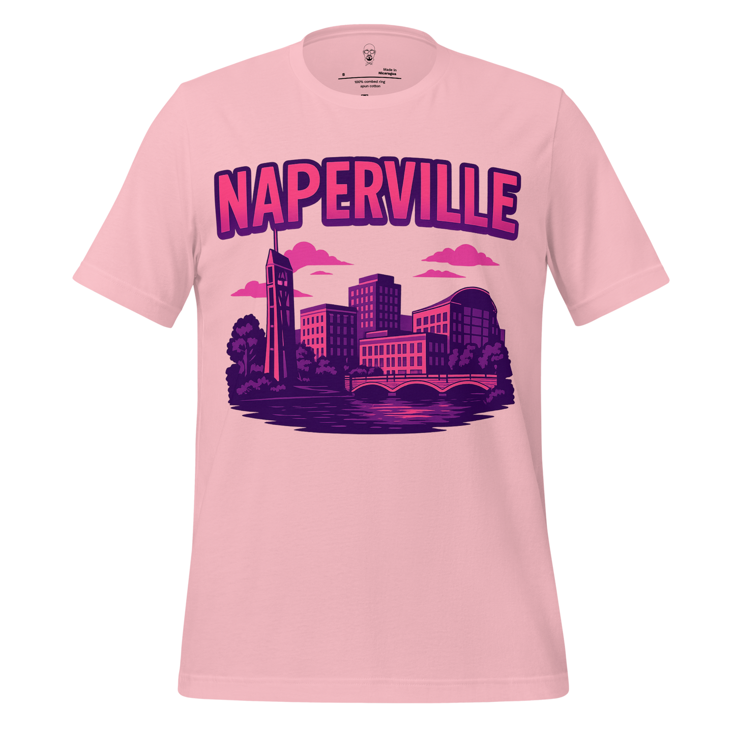 JMK Drip pink Naperville Graphic T-Shirt featuring a cityscape design with buildings and a bridge
