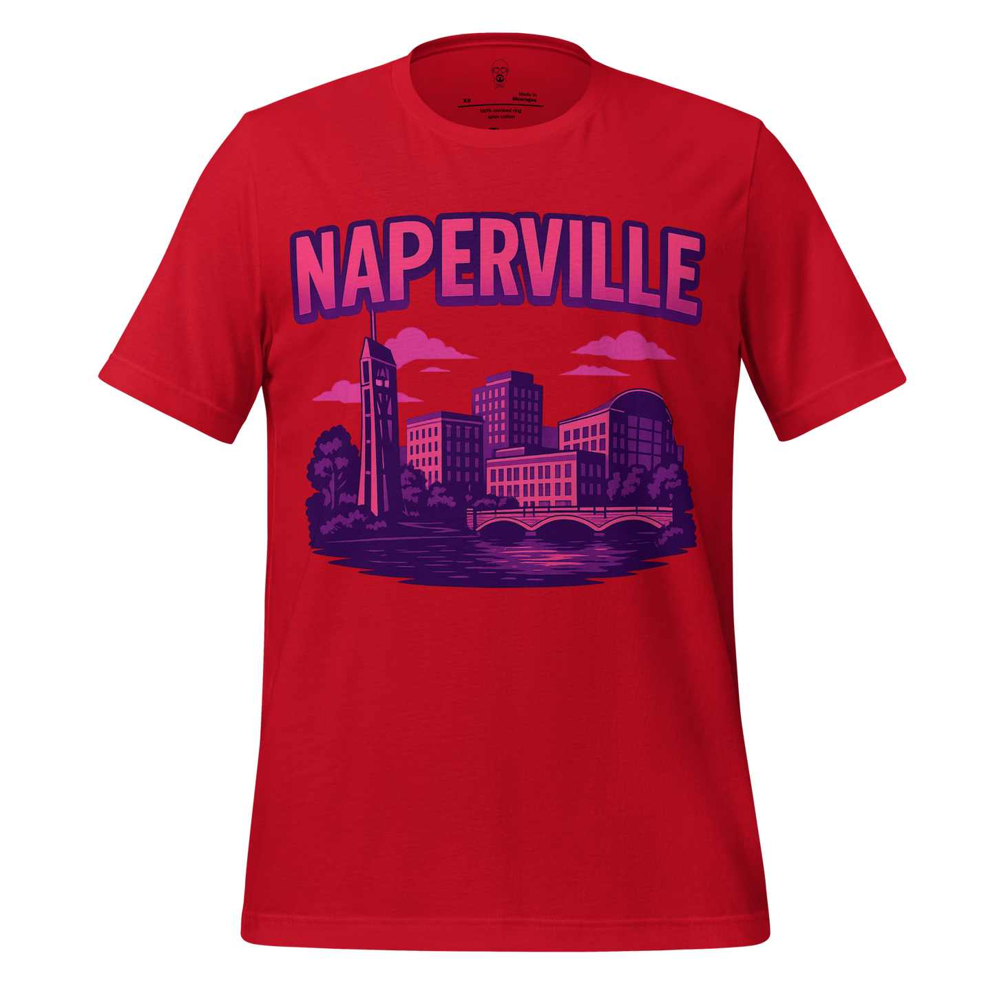 Red Naperville Graphic T-Shirt with city skyline design and bold purple text from JMK Drip